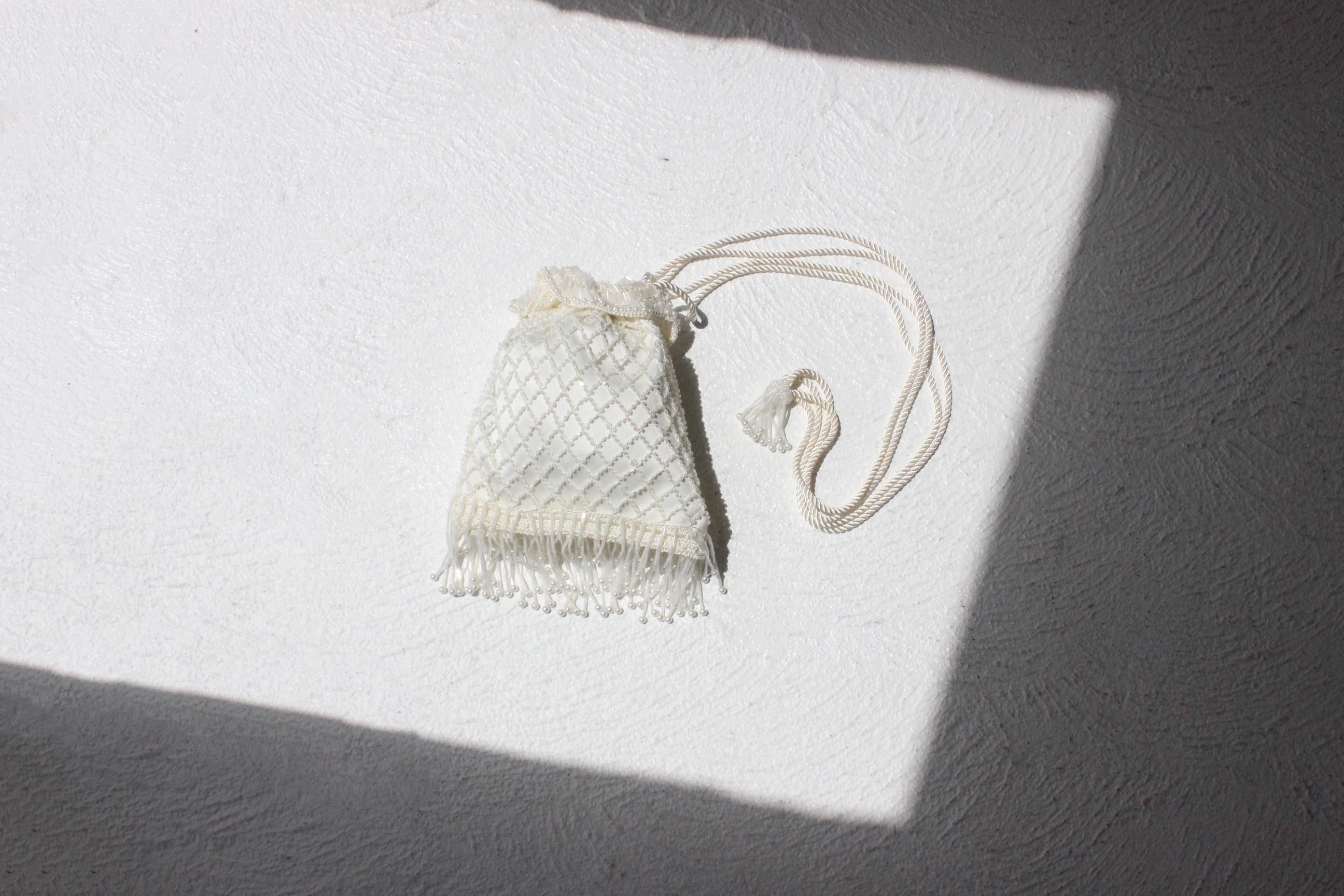 80s Ivory Beaded Drawstring Bag
