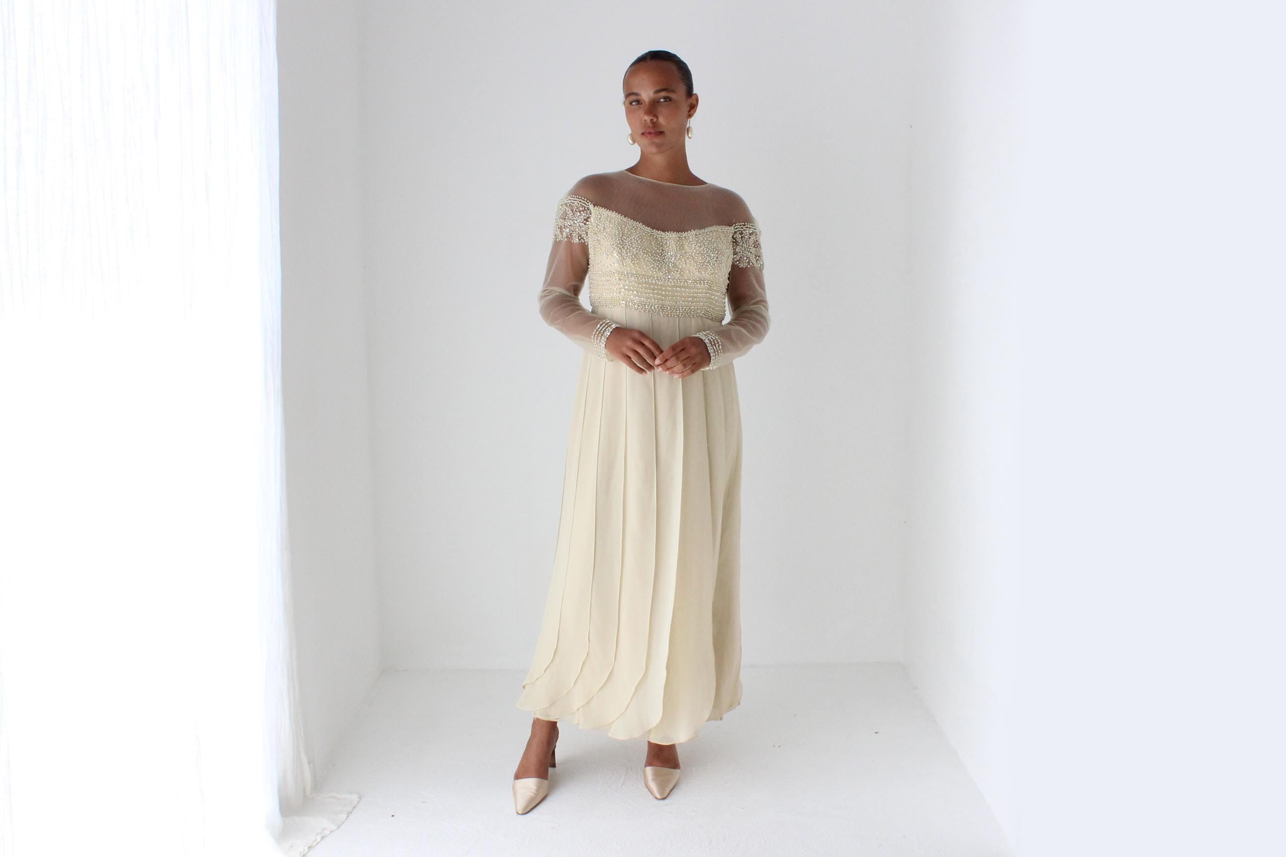 Terani Couture Beaded Mesh Gown w/ Panelled Skirt