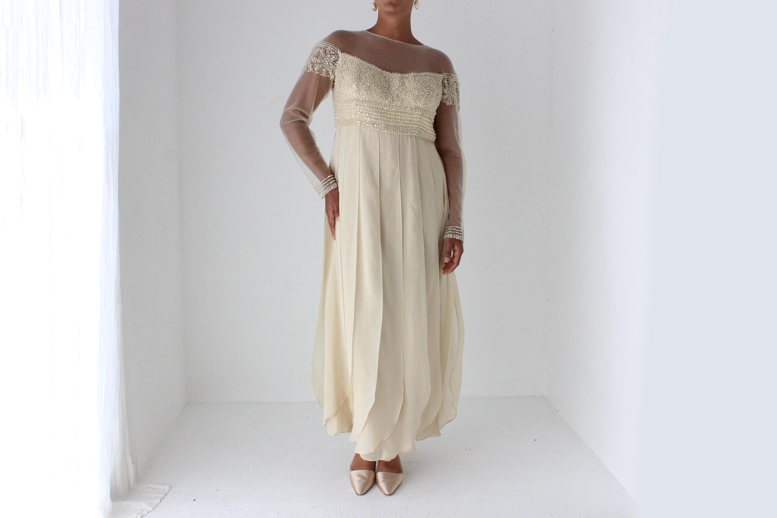 Terani Couture Beaded Mesh Gown w/ Panelled Skirt