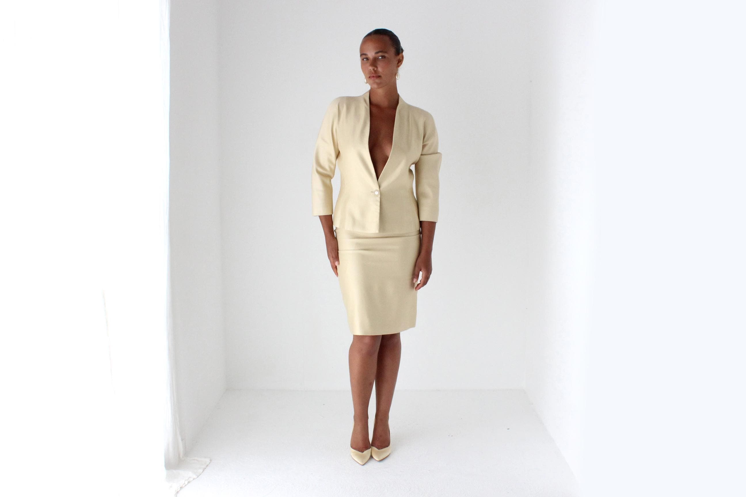 80s Emanuel Ungaro Golden Silk Plunge Skirt Suit