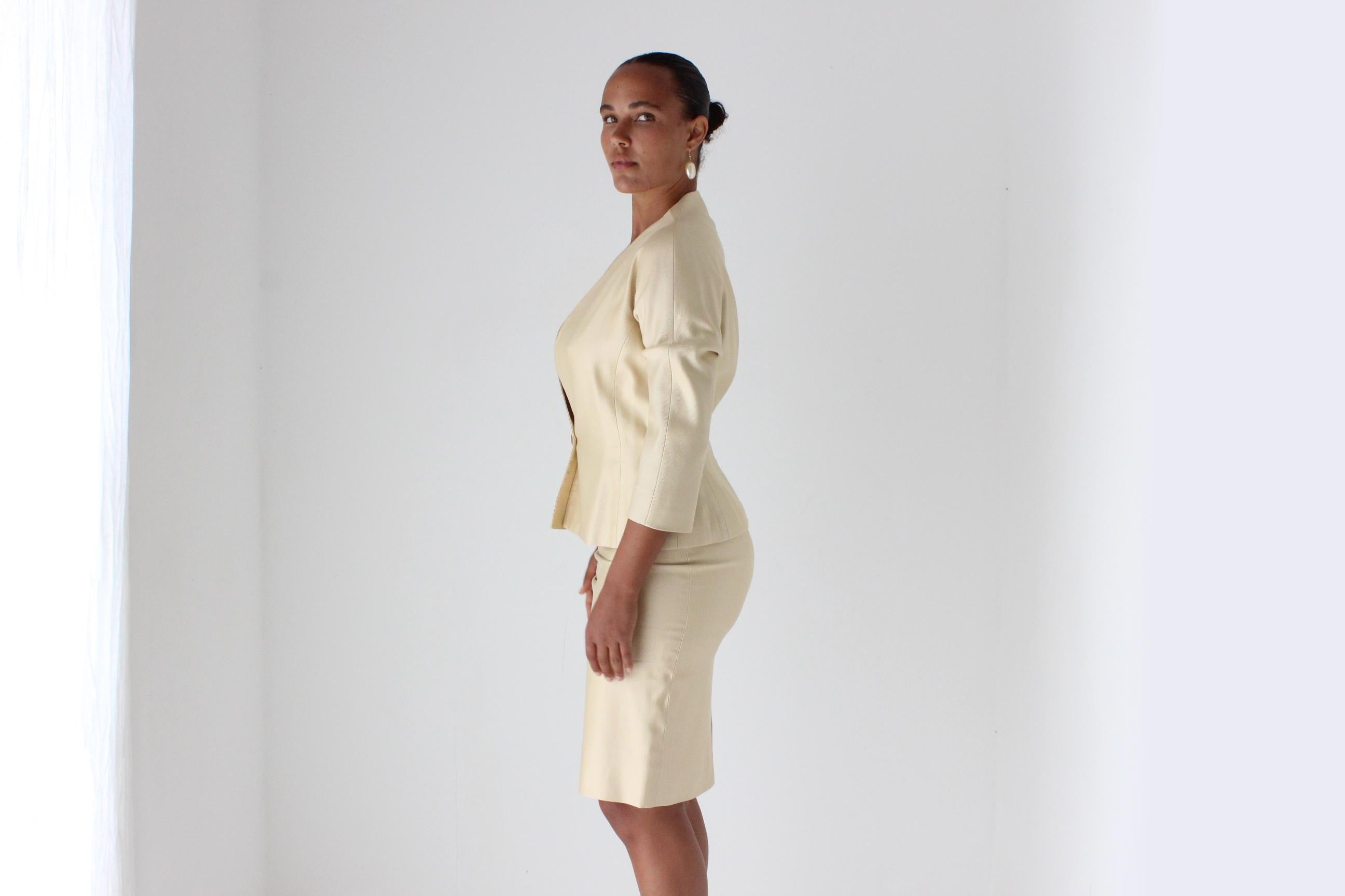 80s Emanuel Ungaro Golden Silk Plunge Skirt Suit