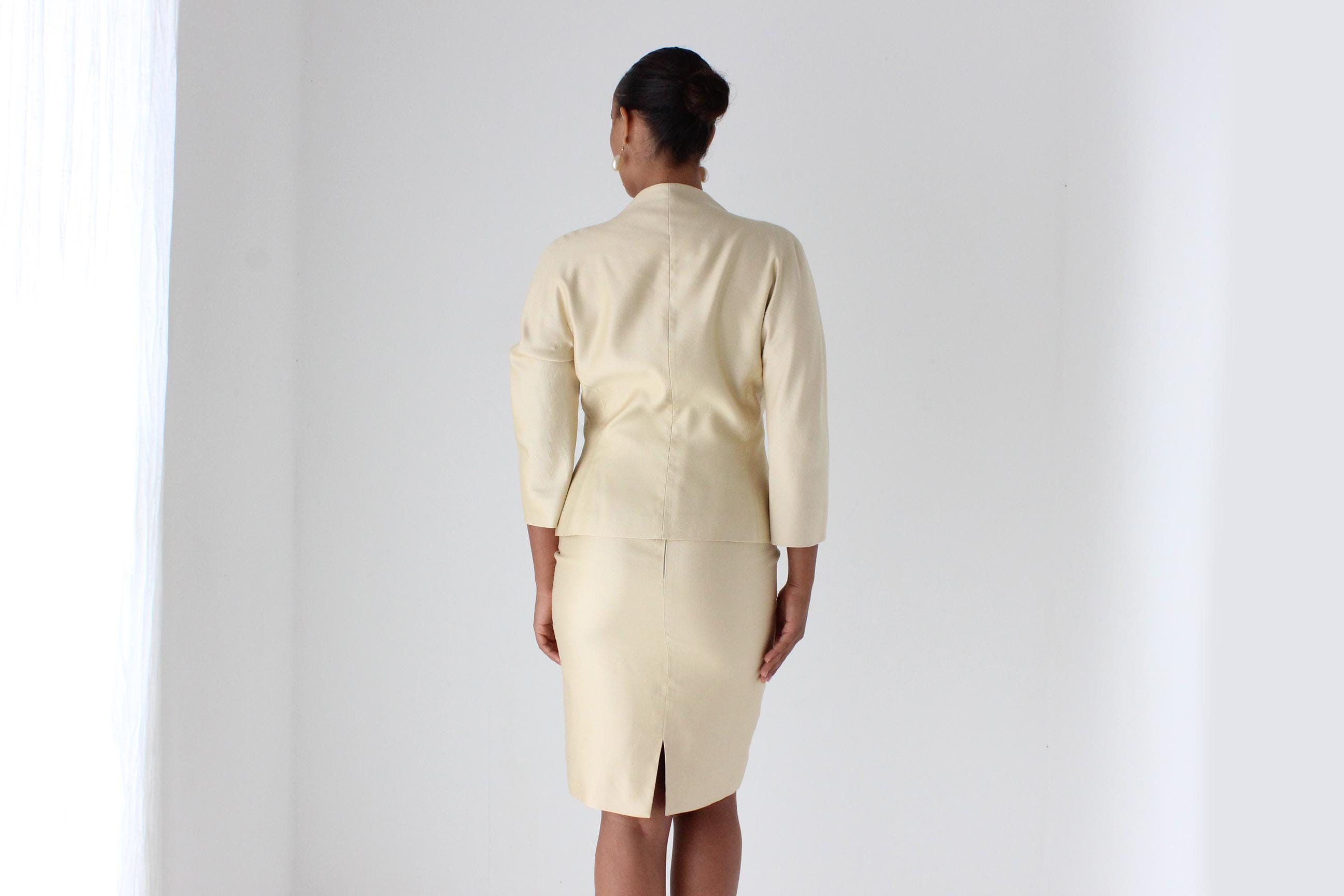 80s Emanuel Ungaro Golden Silk Plunge Skirt Suit