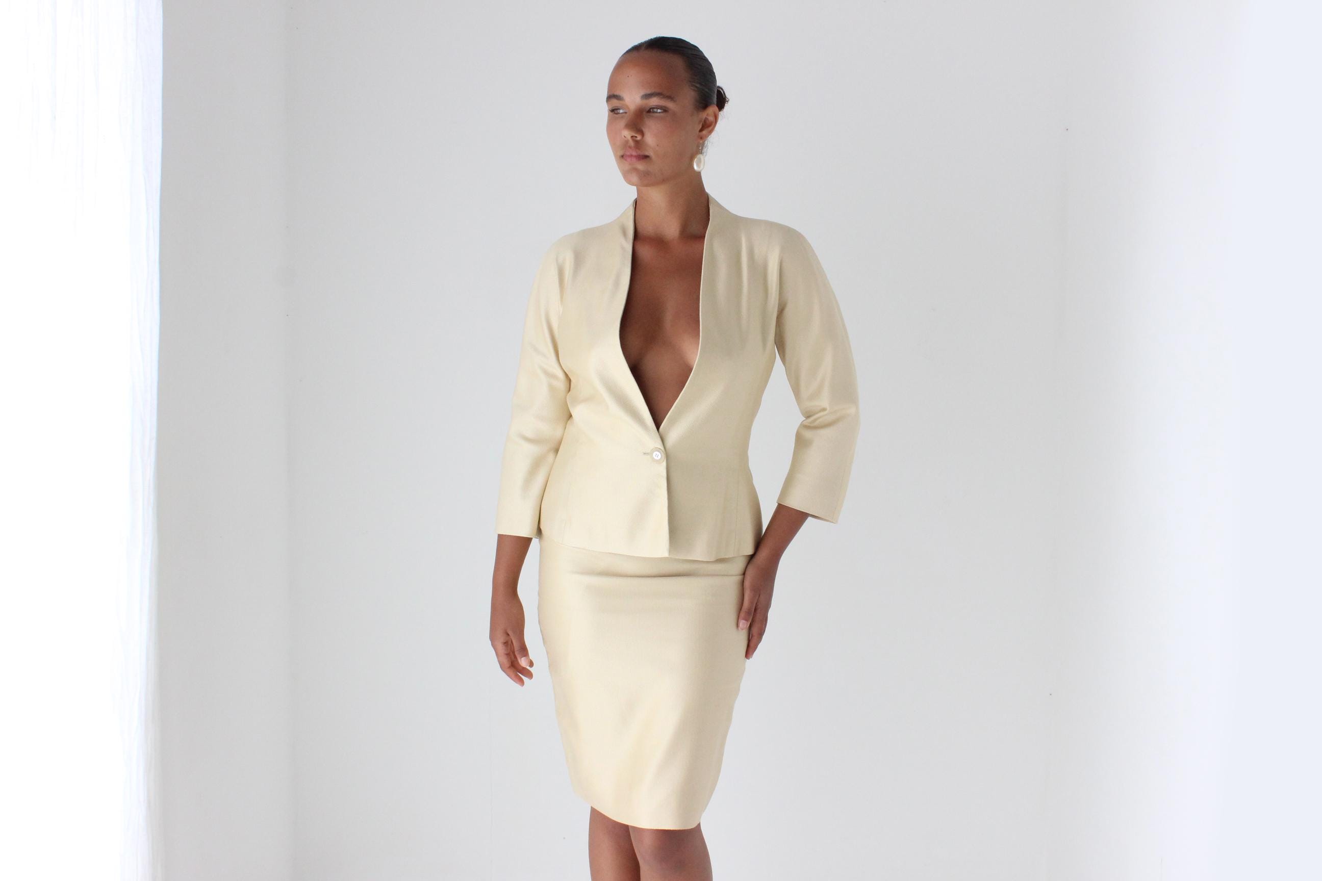 80s Emanuel Ungaro Golden Silk Plunge Skirt Suit