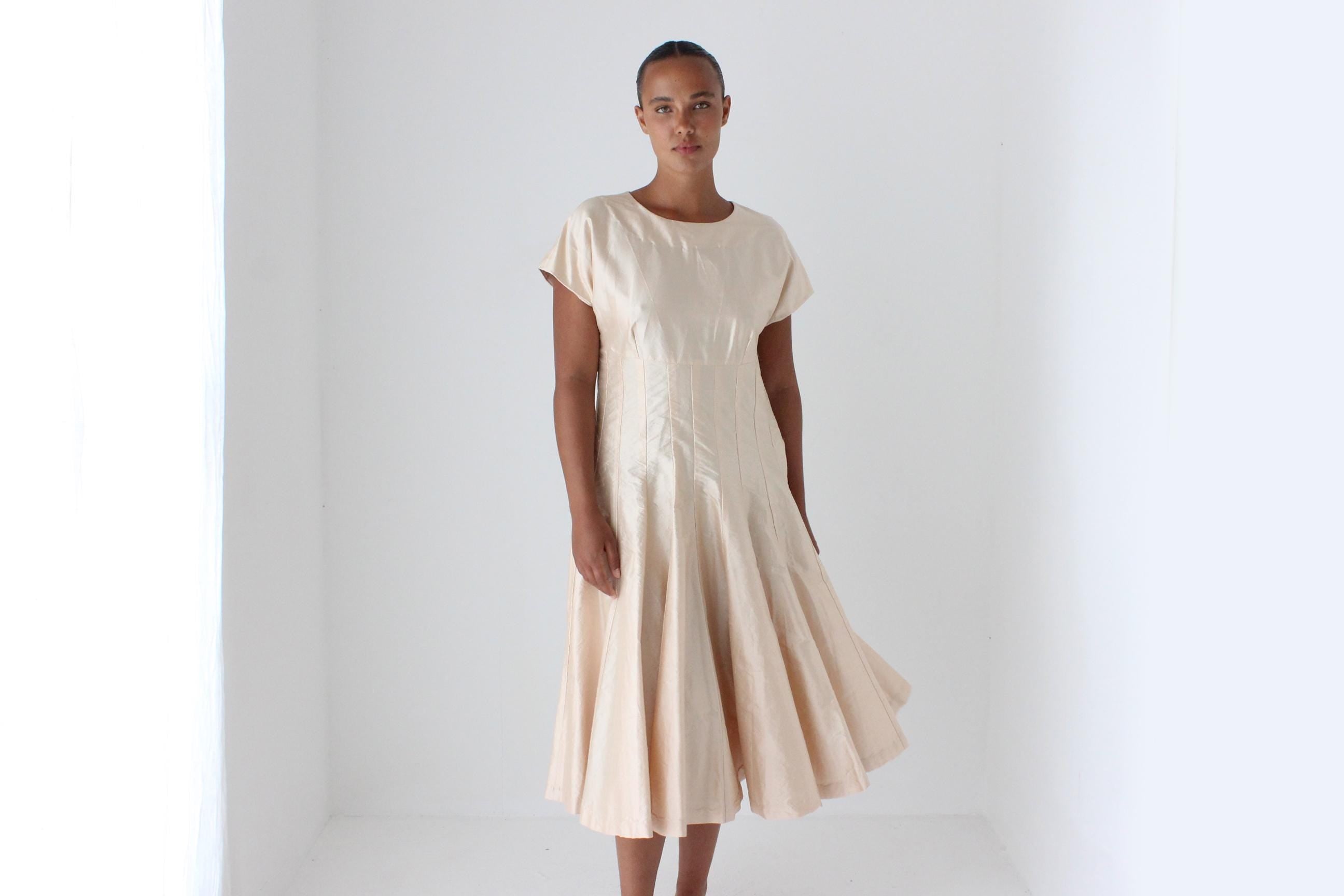 80s Raw Silk Rosewater Taffeta Cocktail Dress