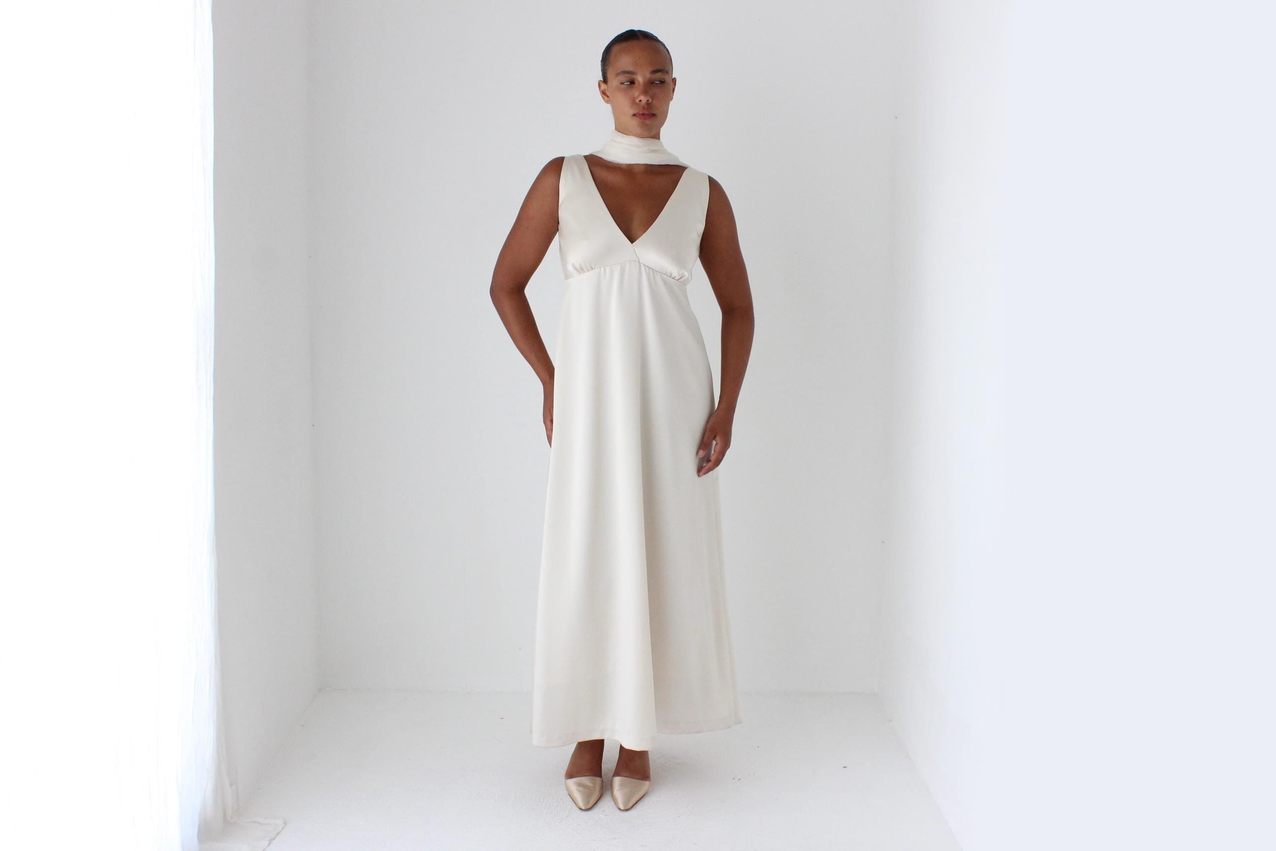 90s Neutral Satin Plunge Neck Empire Waist Gown