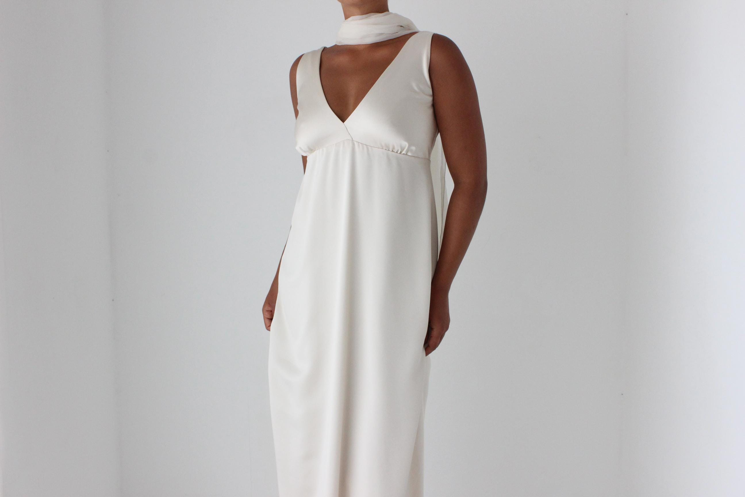 90s Neutral Satin Plunge Neck Empire Waist Gown