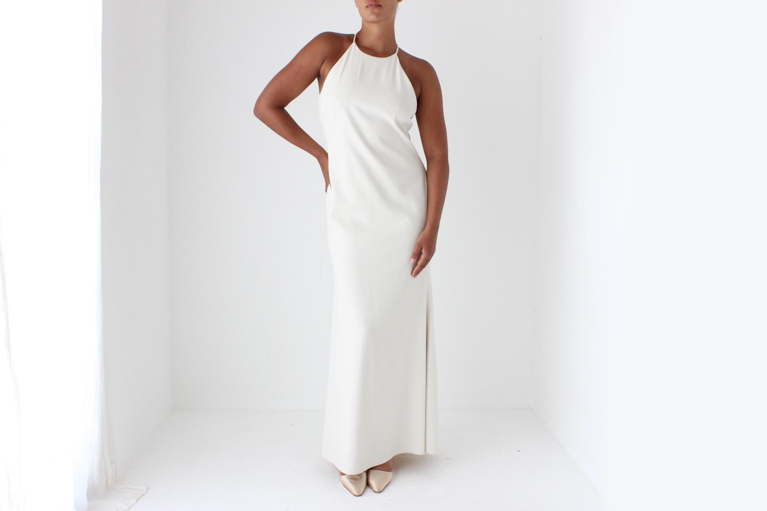 90s High Neck Neutral Crepe Gown