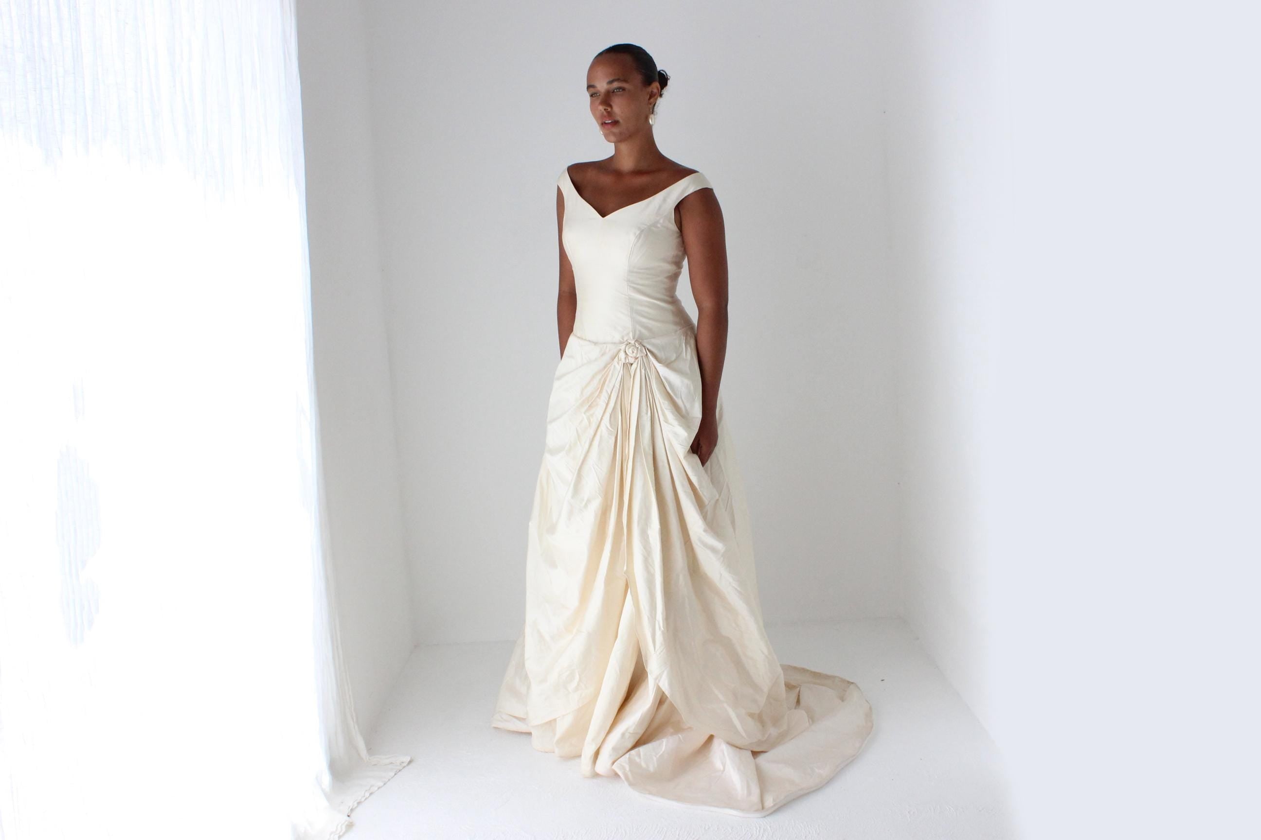 1980s Cream Silk Dupion Drop Waist Gown
