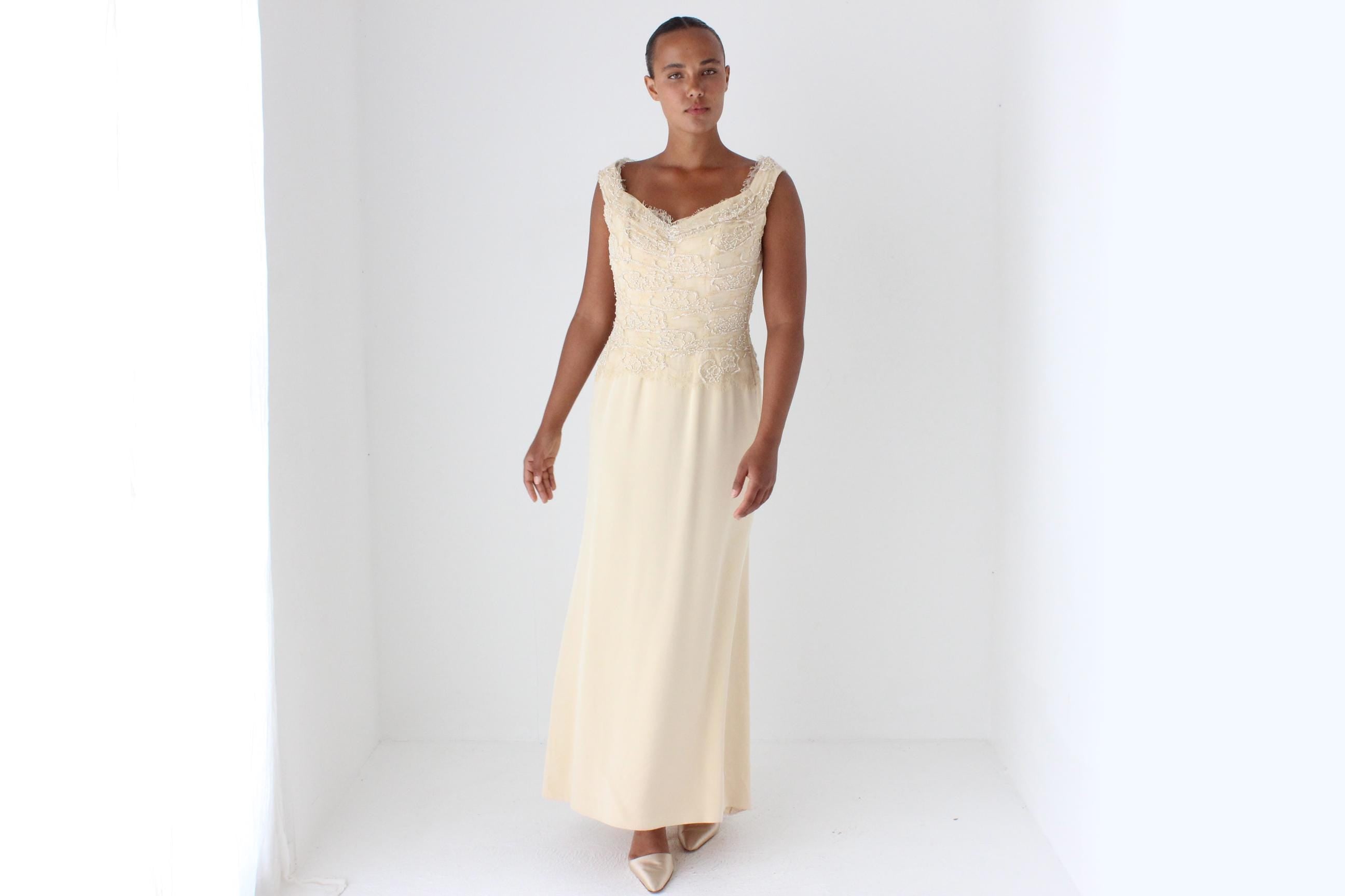 1990s LIANCARLO COUTURE Beaded Lace Buttercream Gown