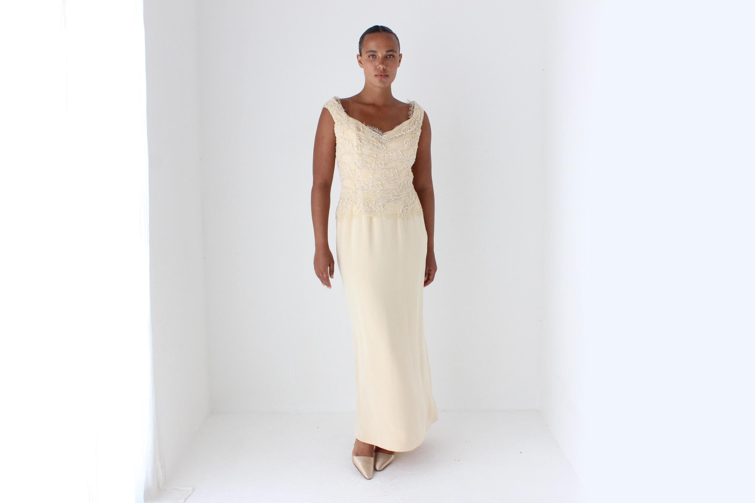 1990s LIANCARLO COUTURE Beaded Lace Buttercream Gown