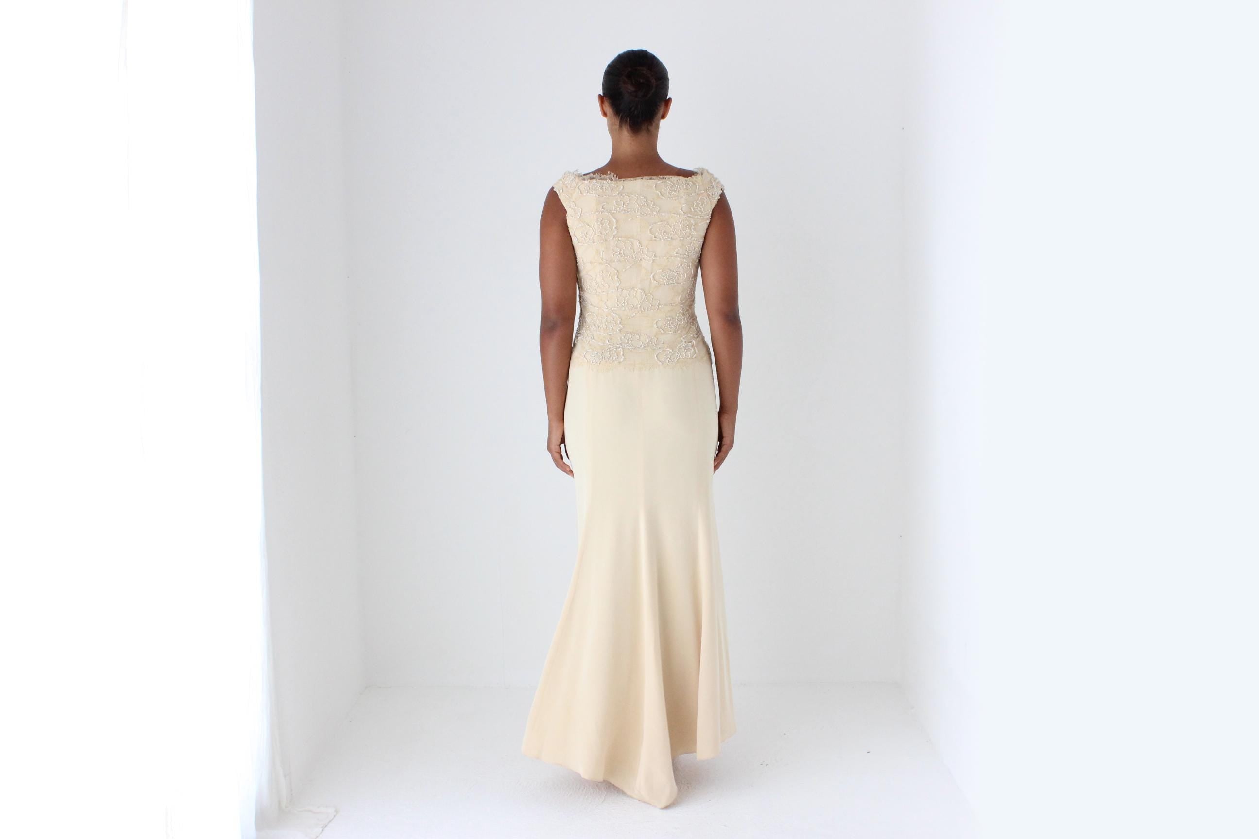 1990s LIANCARLO COUTURE Beaded Lace Buttercream Gown