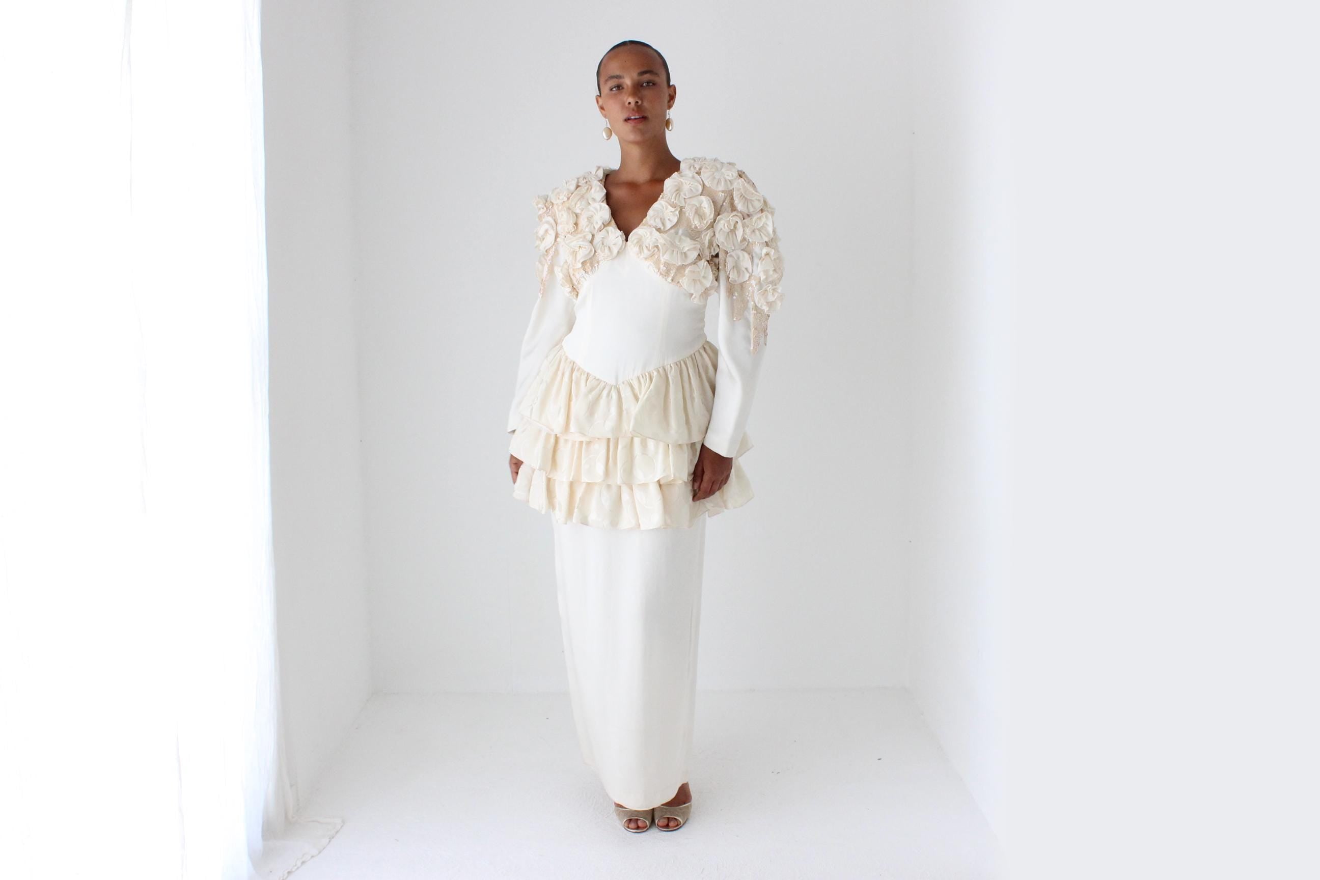 Fabulous 80s Silk Ruffle, Rosette & Sequin Dress