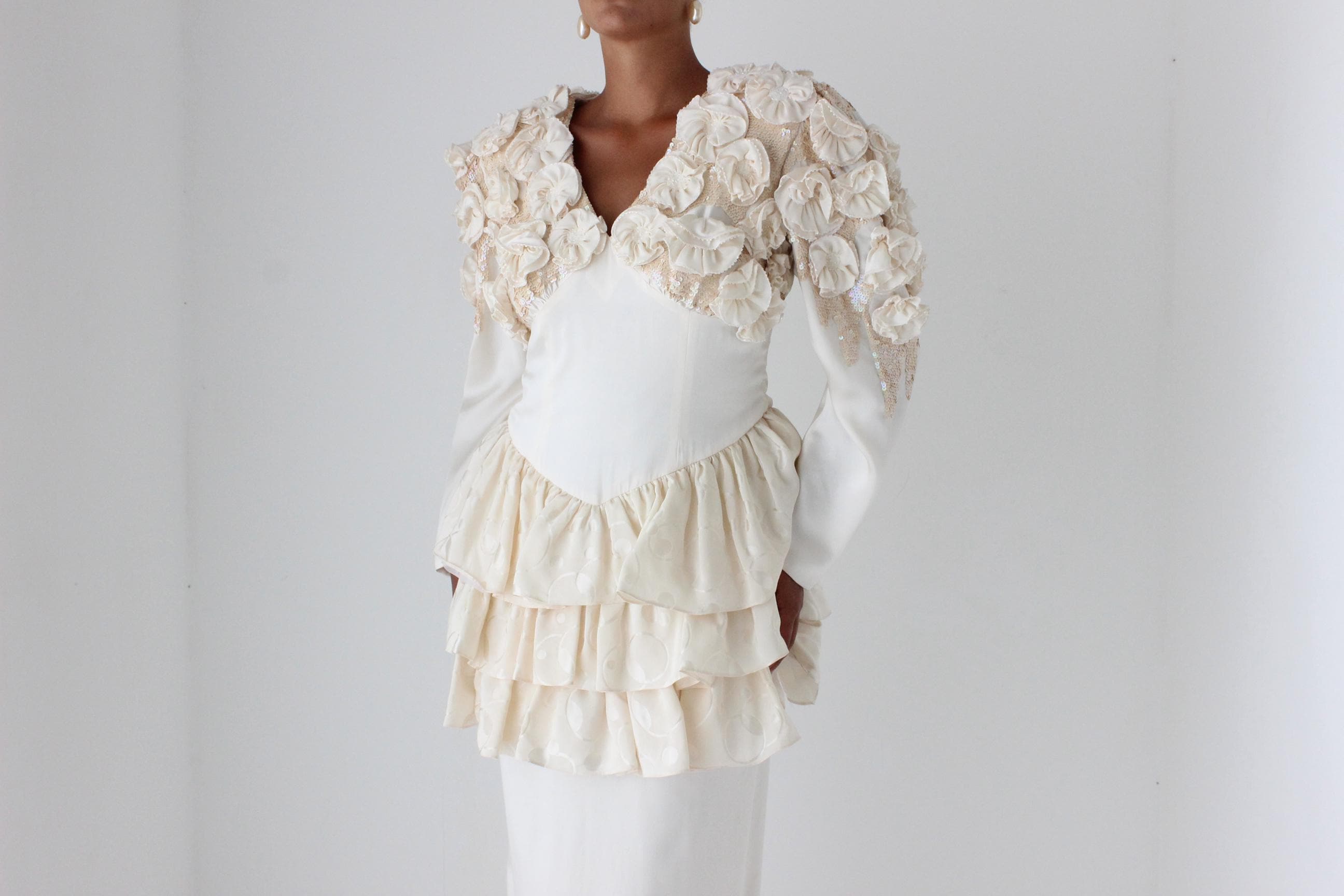 Fabulous 80s Silk Ruffle, Rosette & Sequin Dress