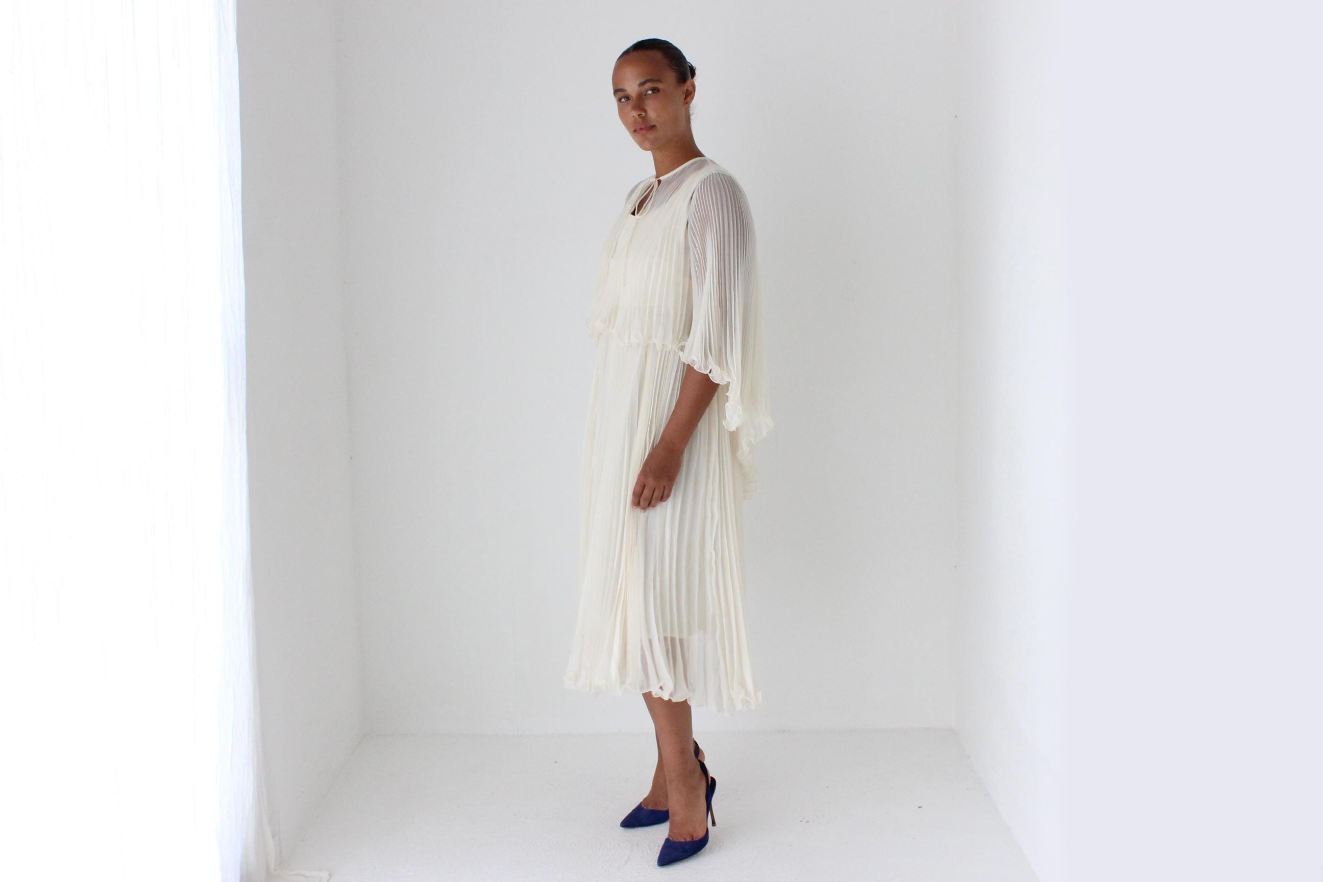 Dreamy 1960s Empire Waist Pleated Dress & Capelet Set
