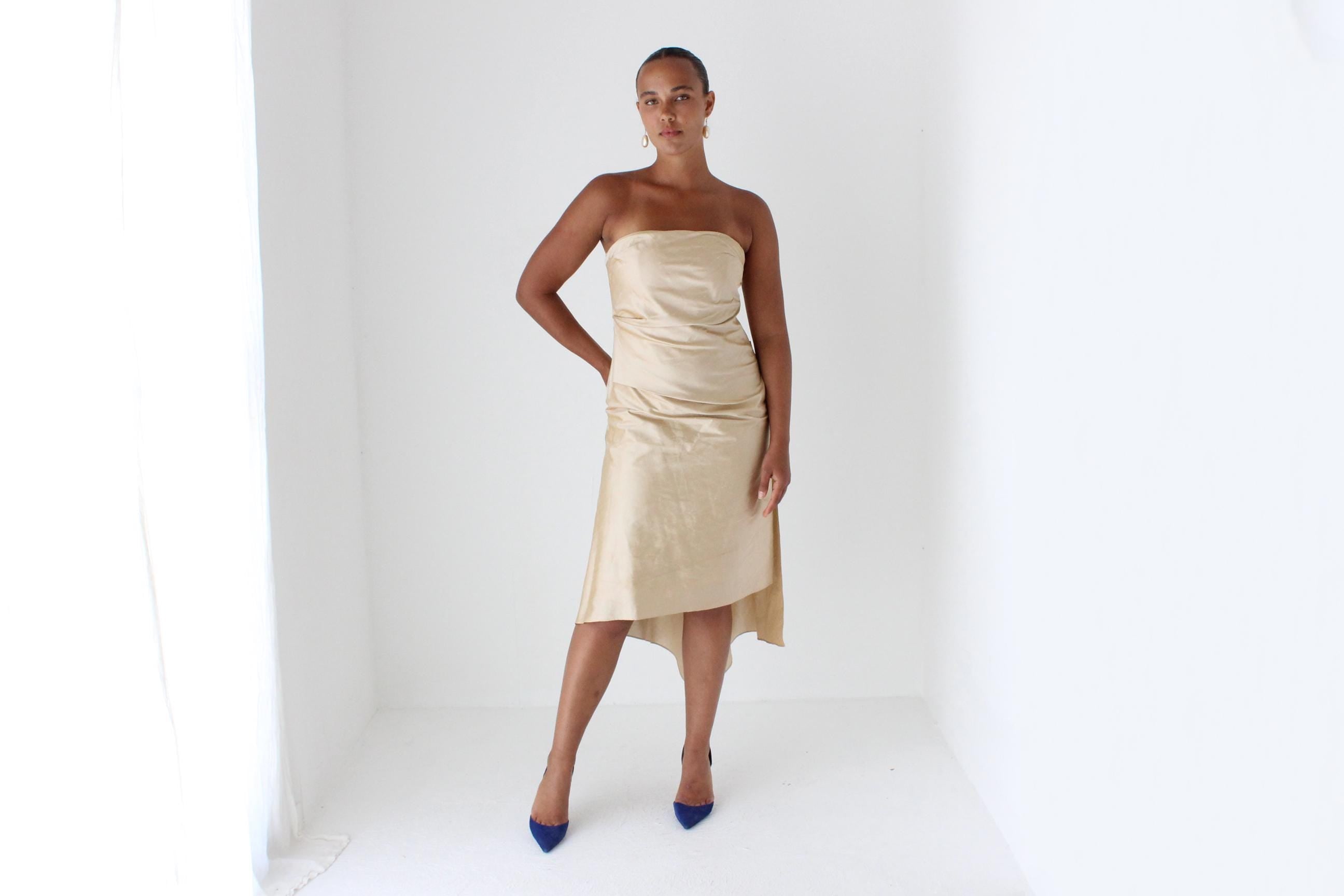 90s George Raw Silk Strapless Cocktail Dress w/ 'Train'