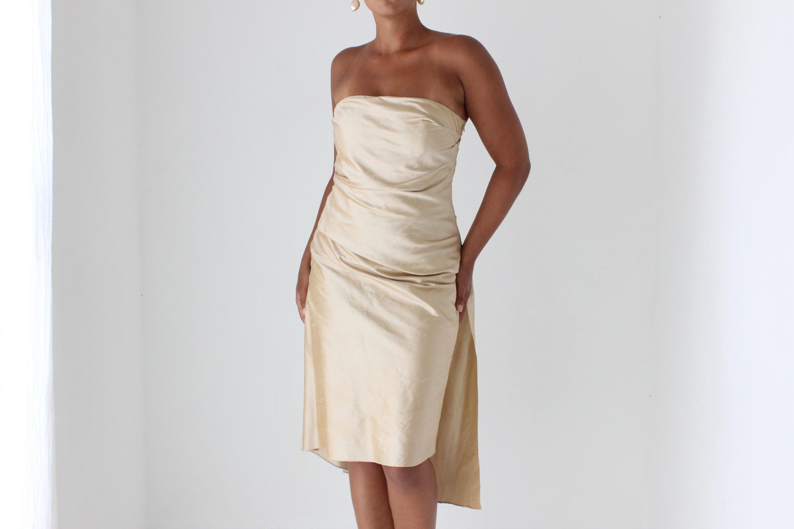 90s George Raw Silk Strapless Cocktail Dress w/ 'Train'