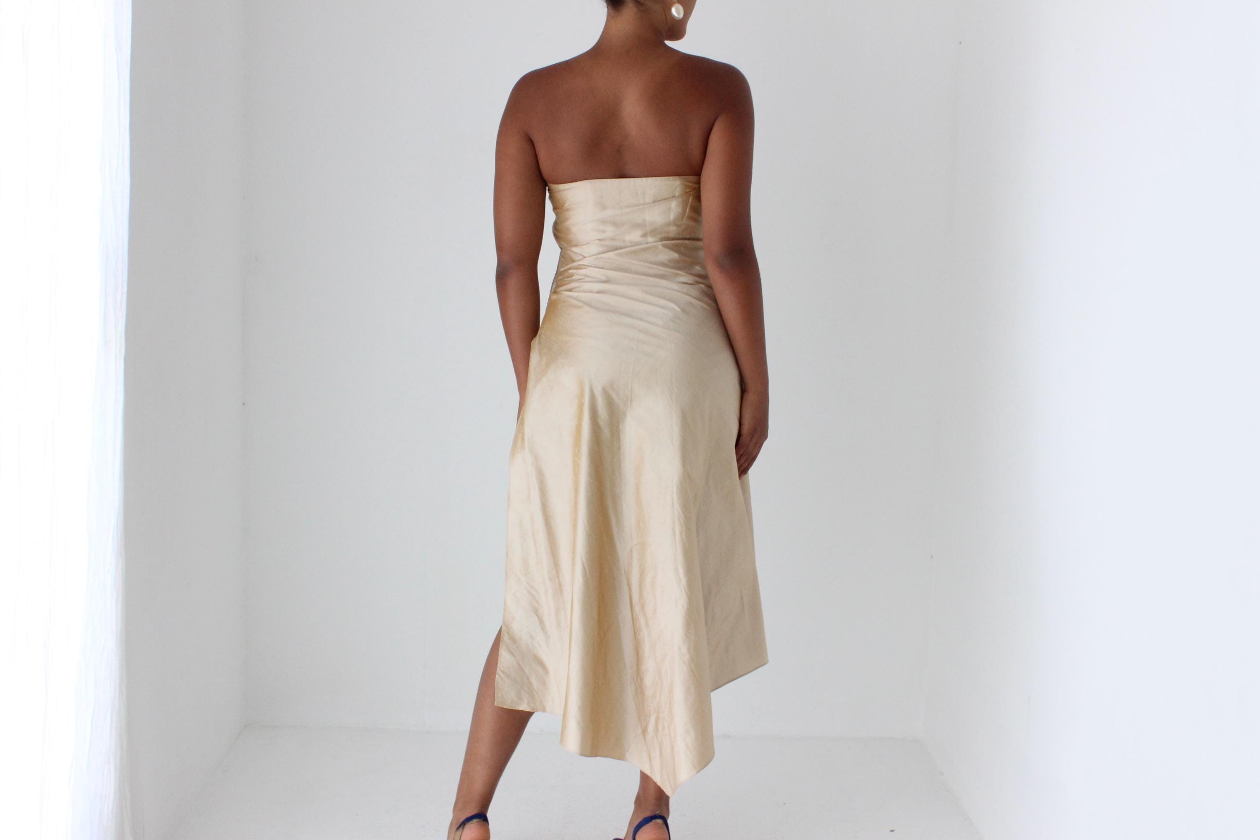 90s George Raw Silk Strapless Cocktail Dress w/ 'Train'