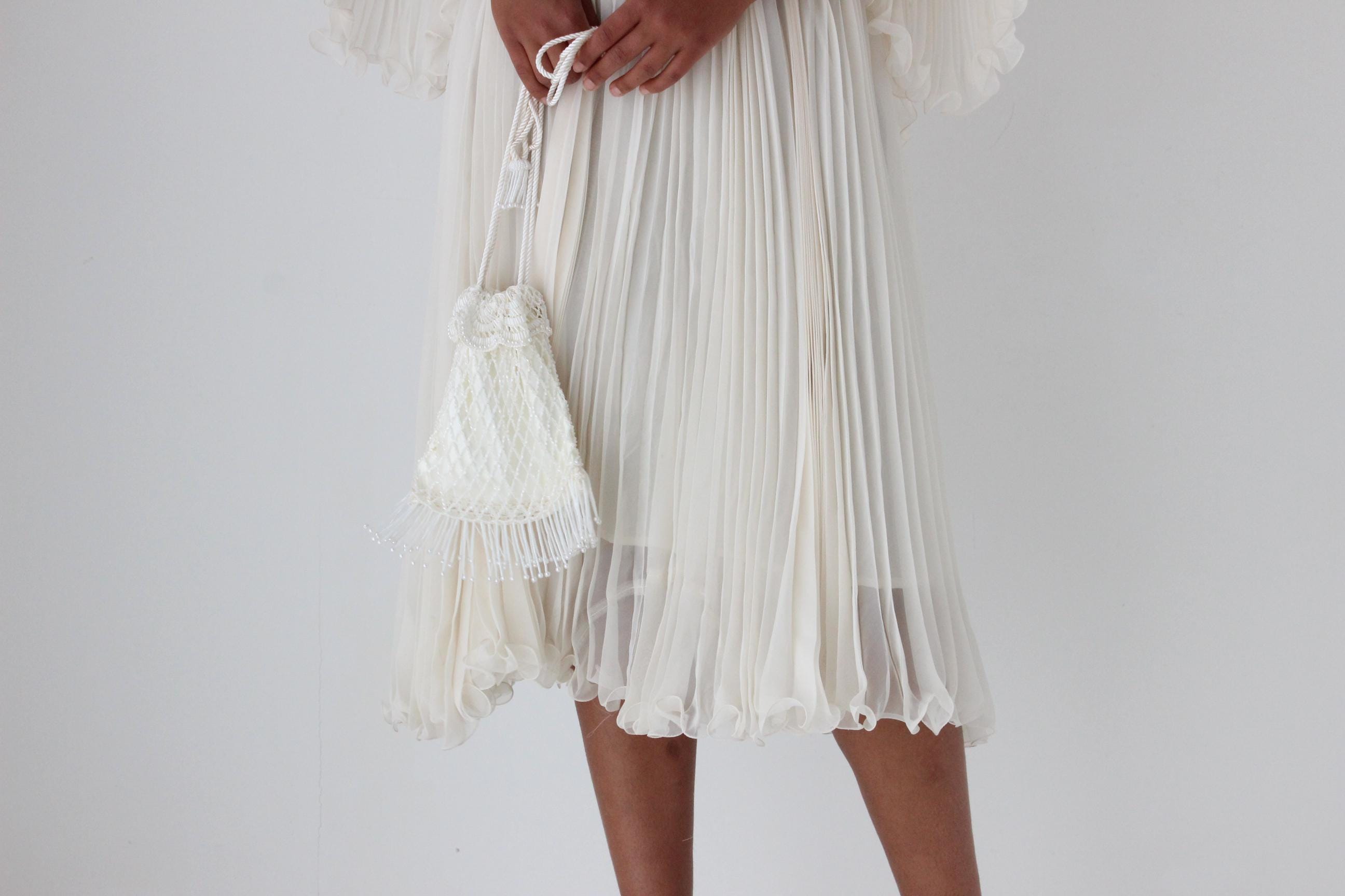 80s Ivory Beaded Drawstring Bag