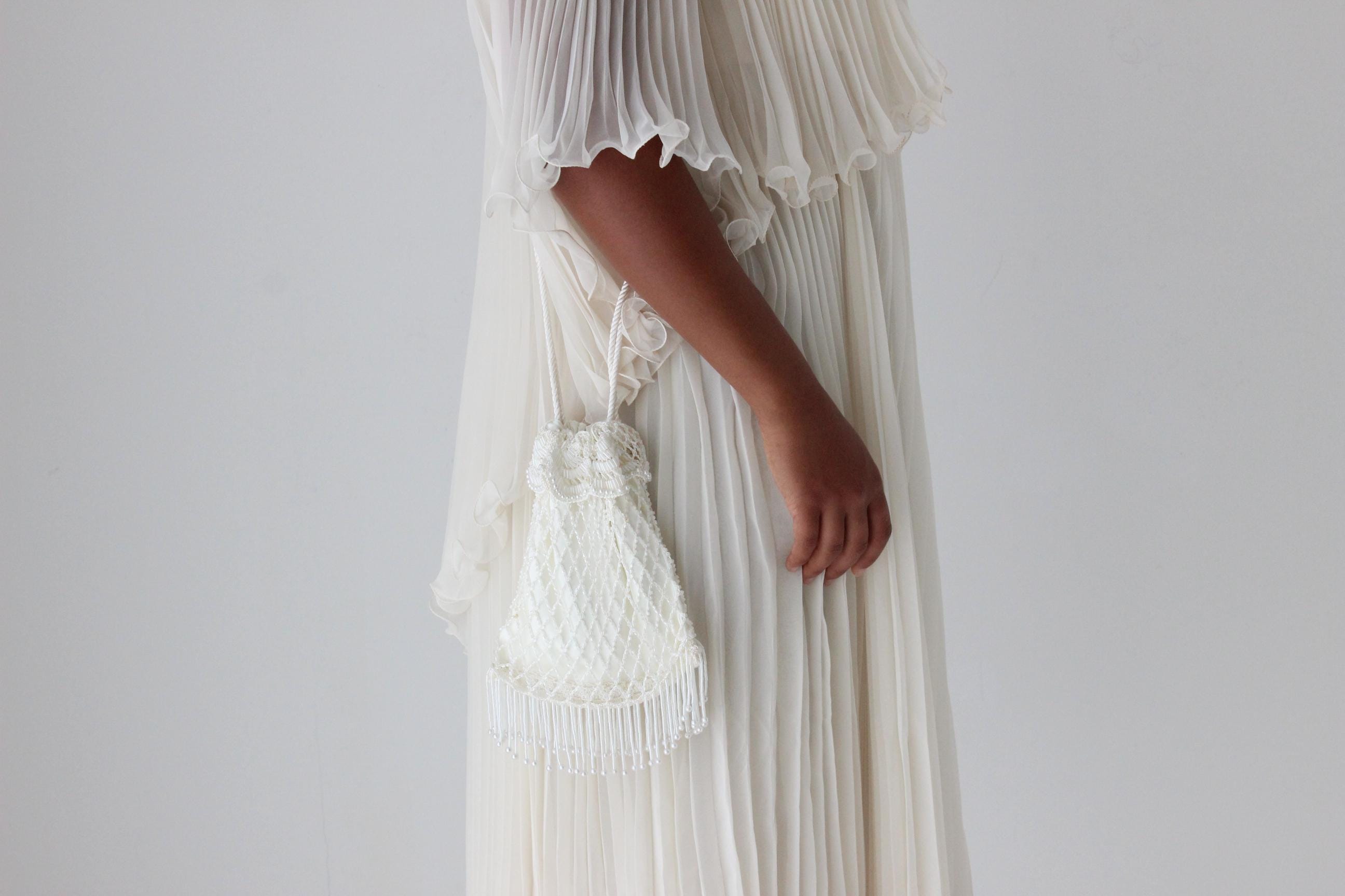 80s Ivory Beaded Drawstring Bag