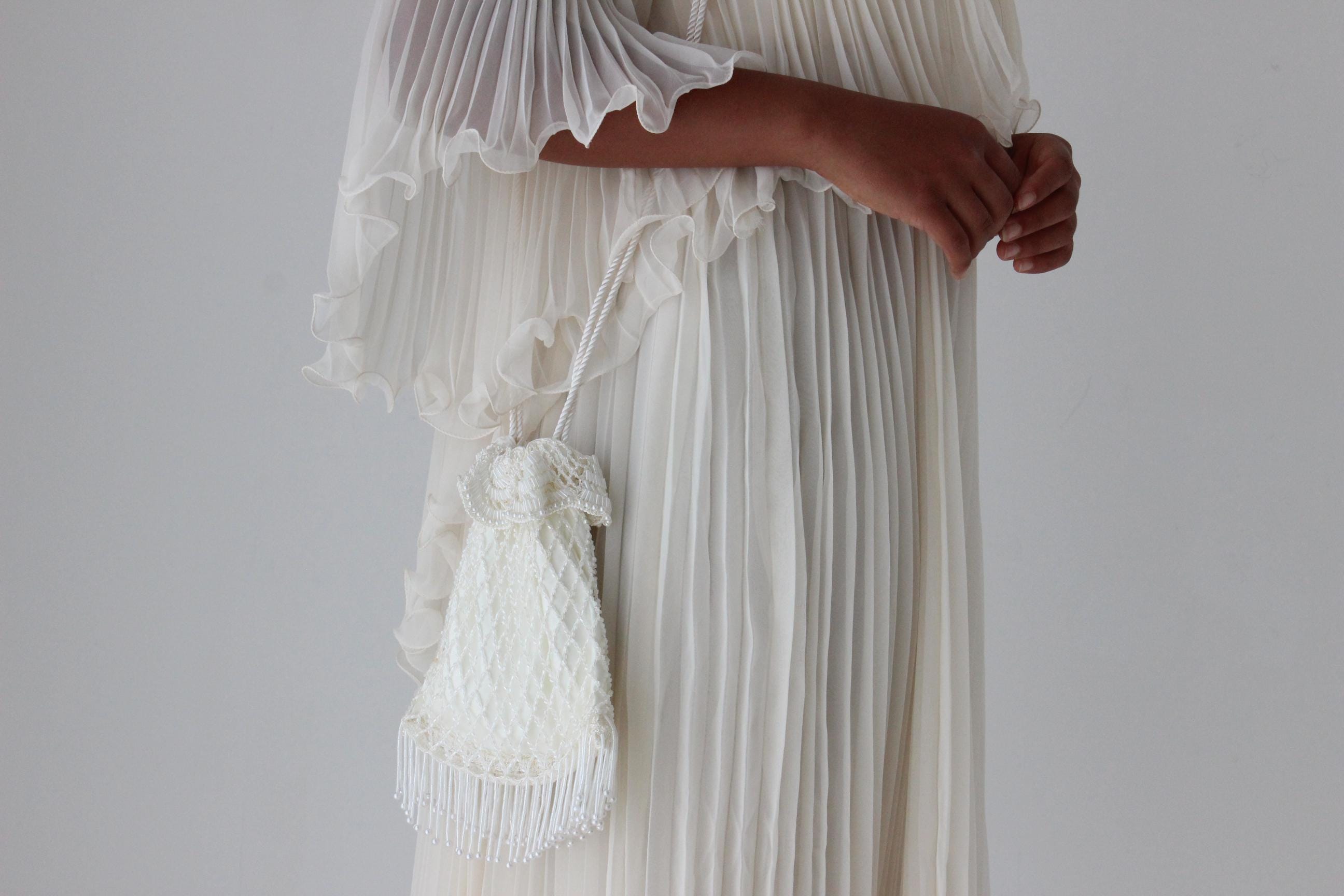 80s Ivory Beaded Drawstring Bag