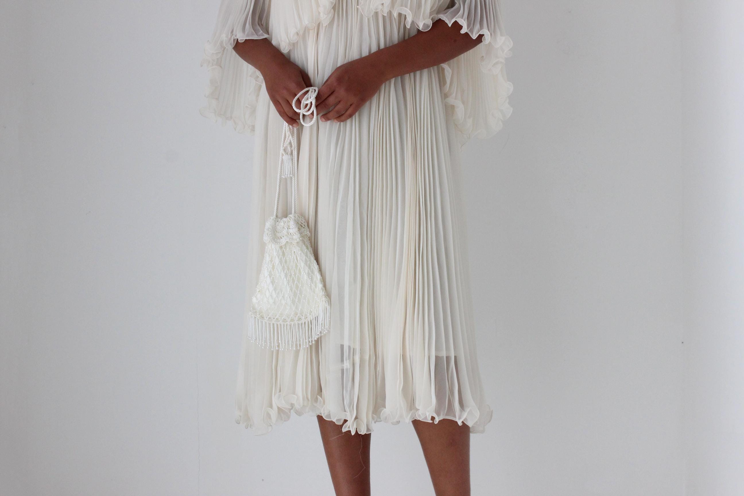 80s Ivory Beaded Drawstring Bag