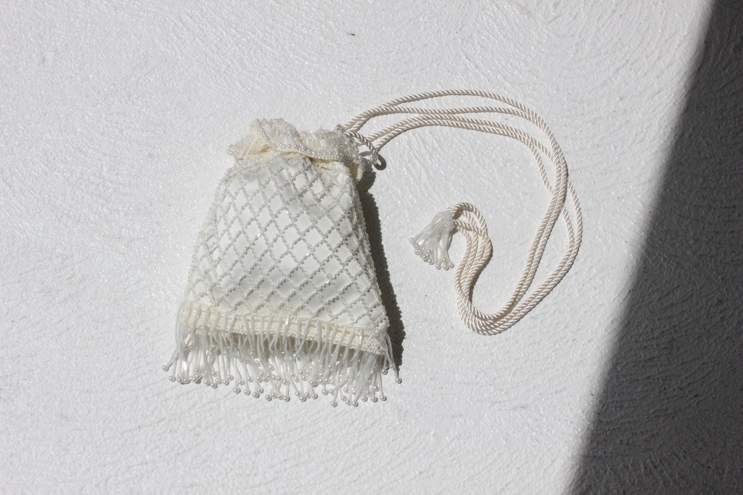 80s Ivory Beaded Drawstring Bag
