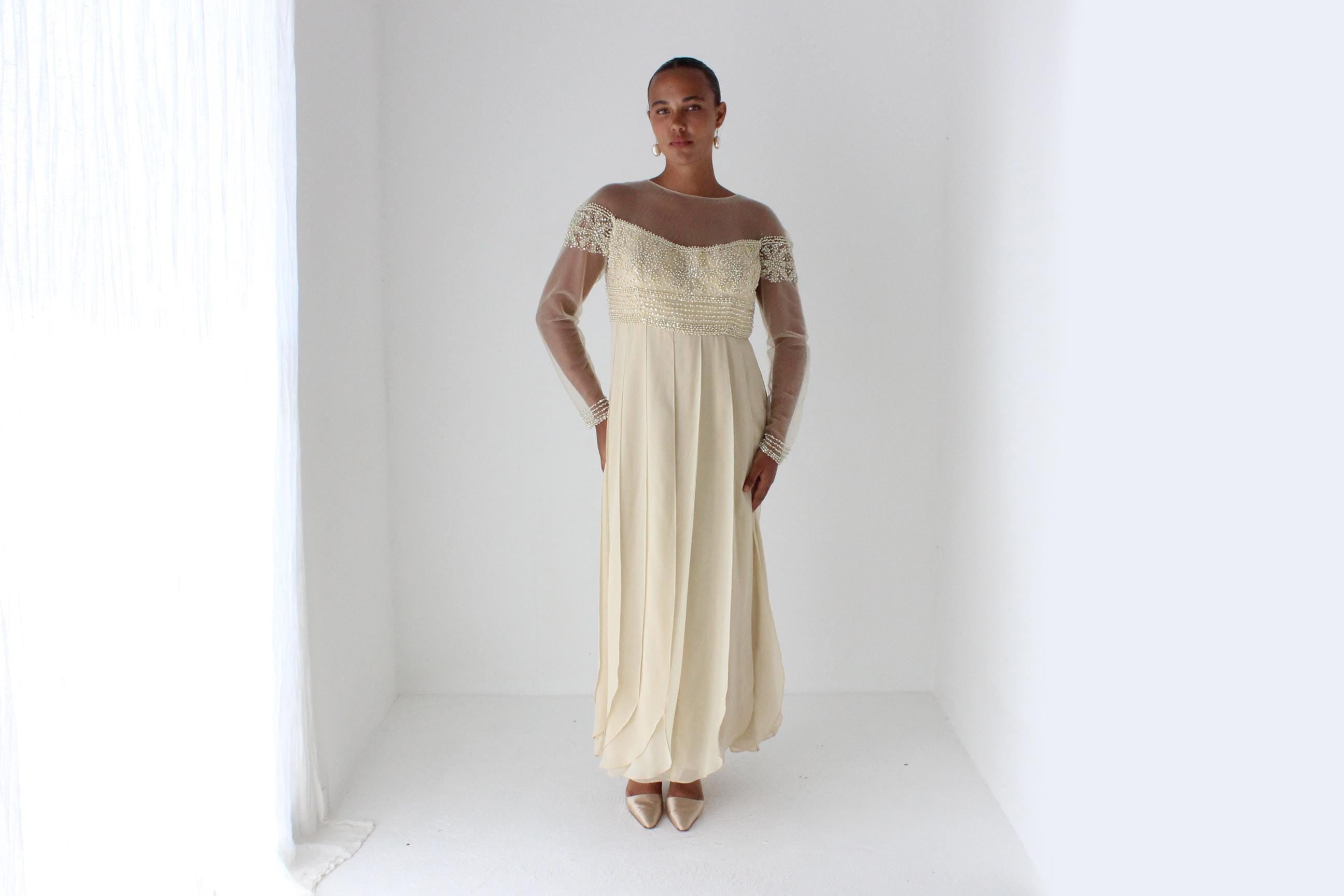 Terani Couture Beaded Mesh Gown w/ Panelled Skirt
