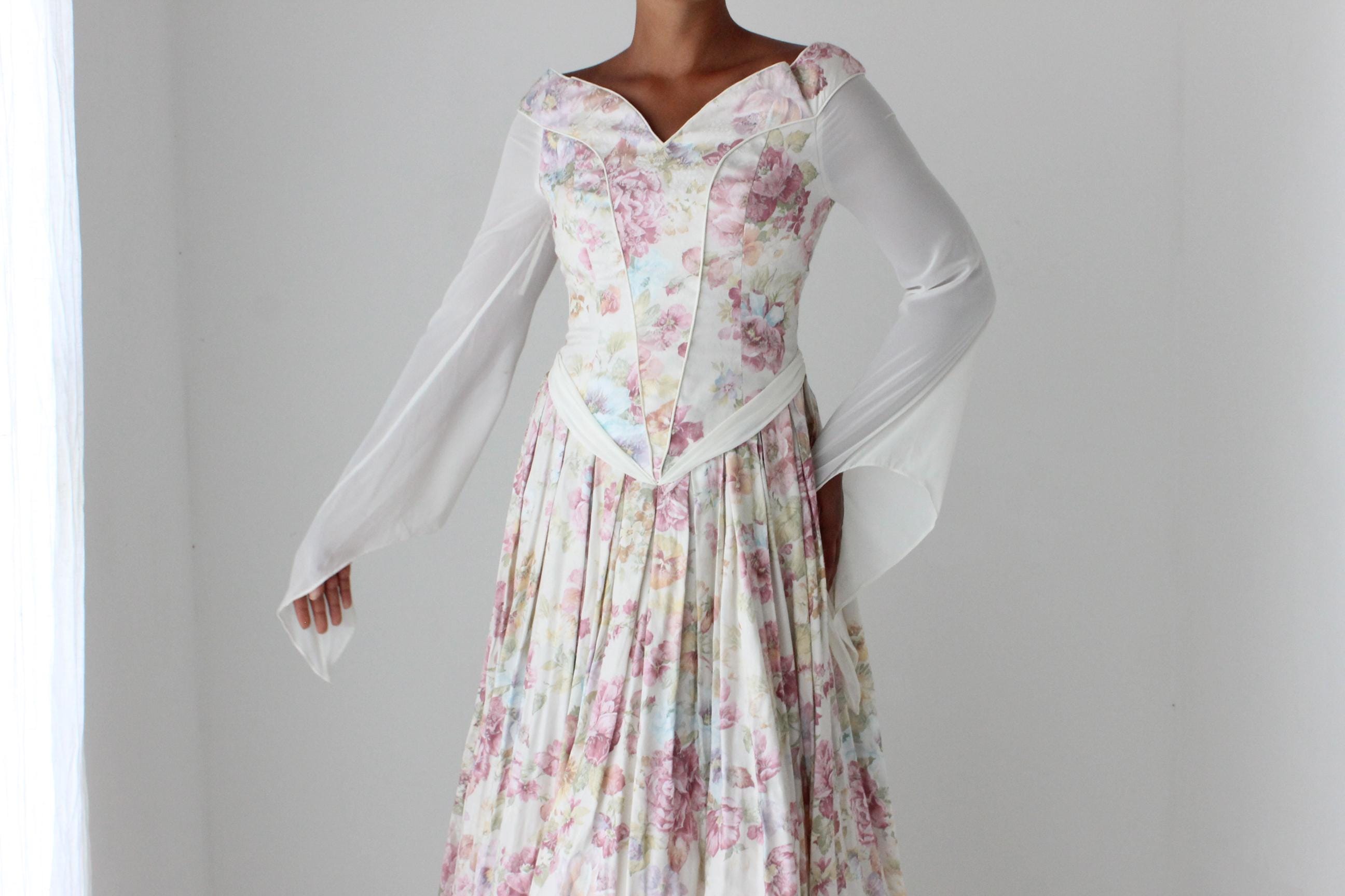 1990s Floral Maiden Renaissance Wedding Gown