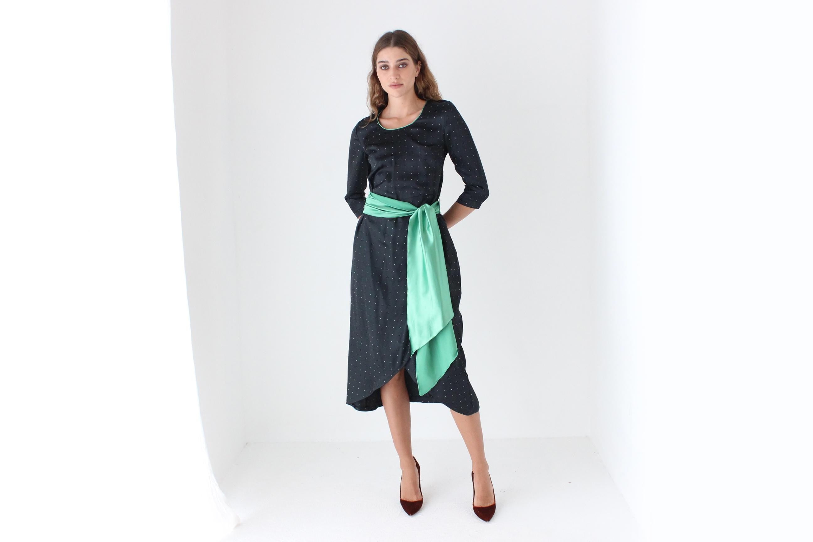 70s Polka Dot Satin Dress w/ Green Sash