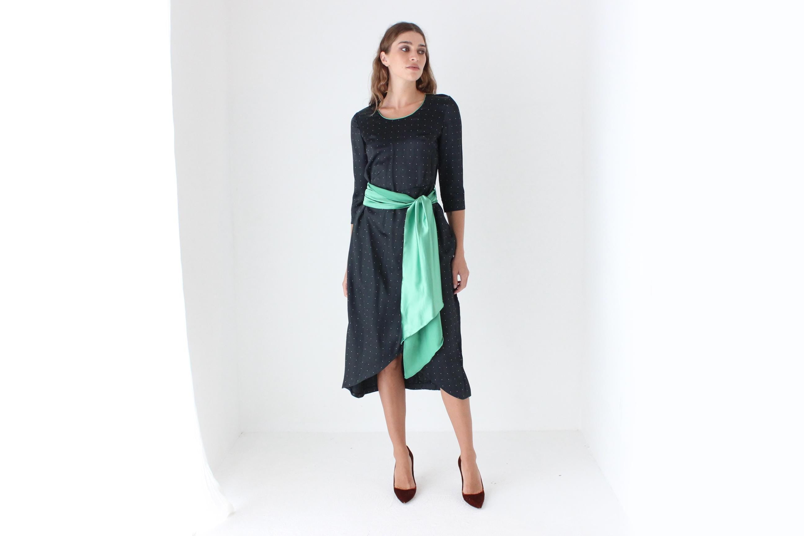 70s Polka Dot Satin Dress w/ Green Sash