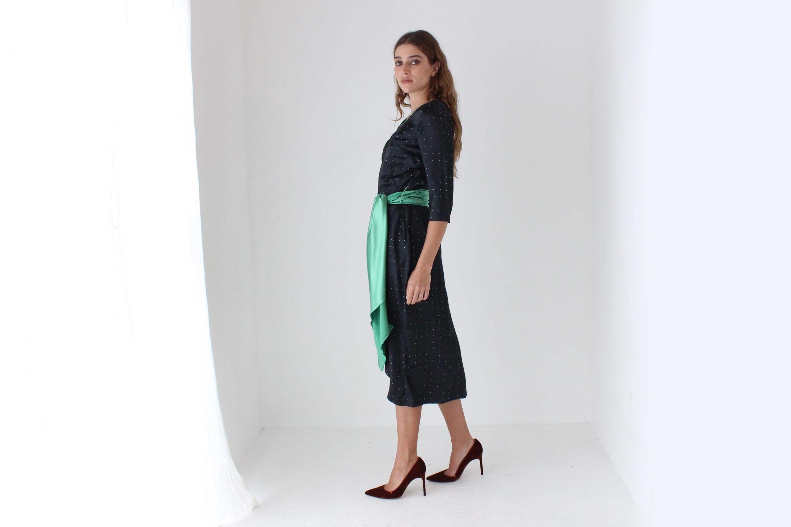 70s Polka Dot Satin Dress w/ Green Sash