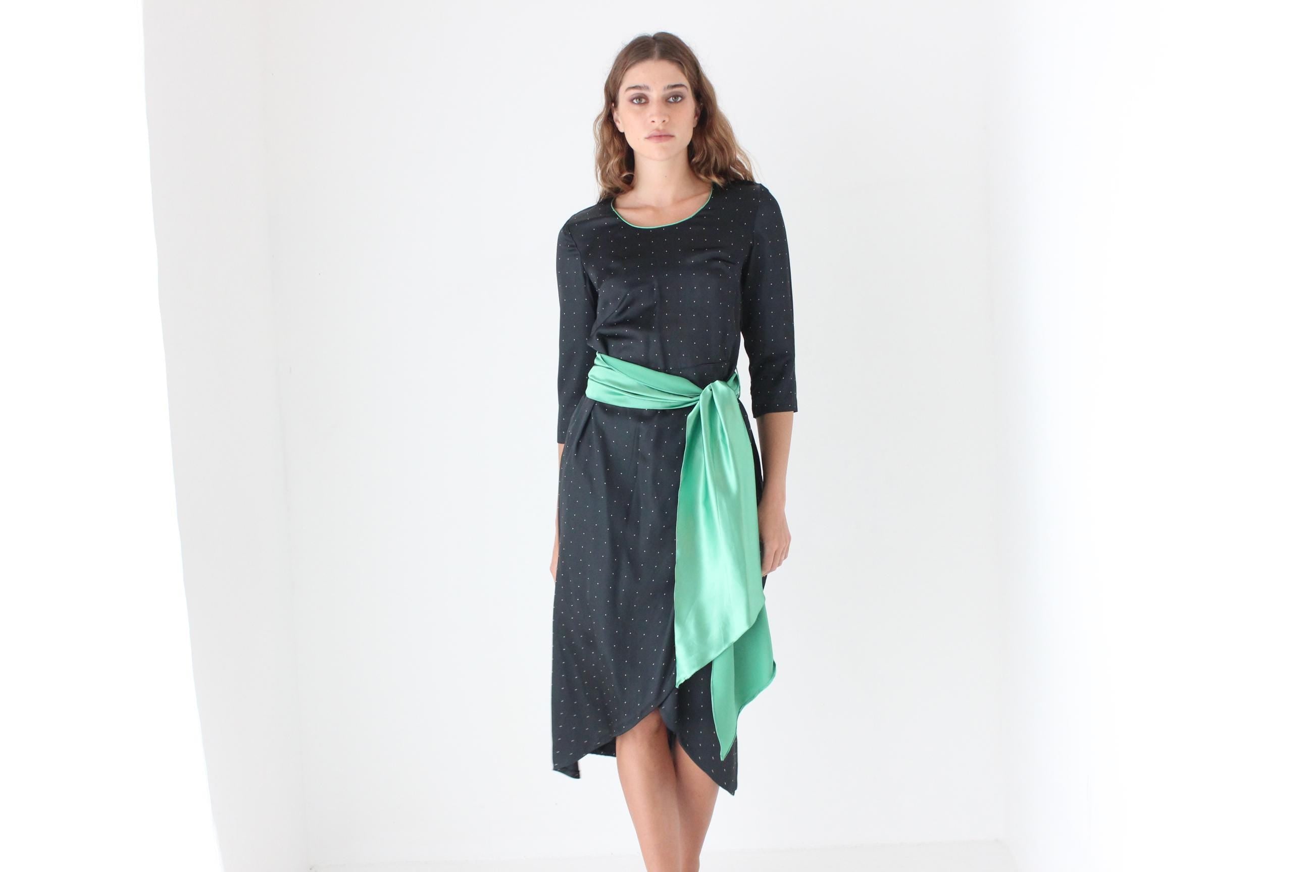 70s Polka Dot Satin Dress w/ Green Sash