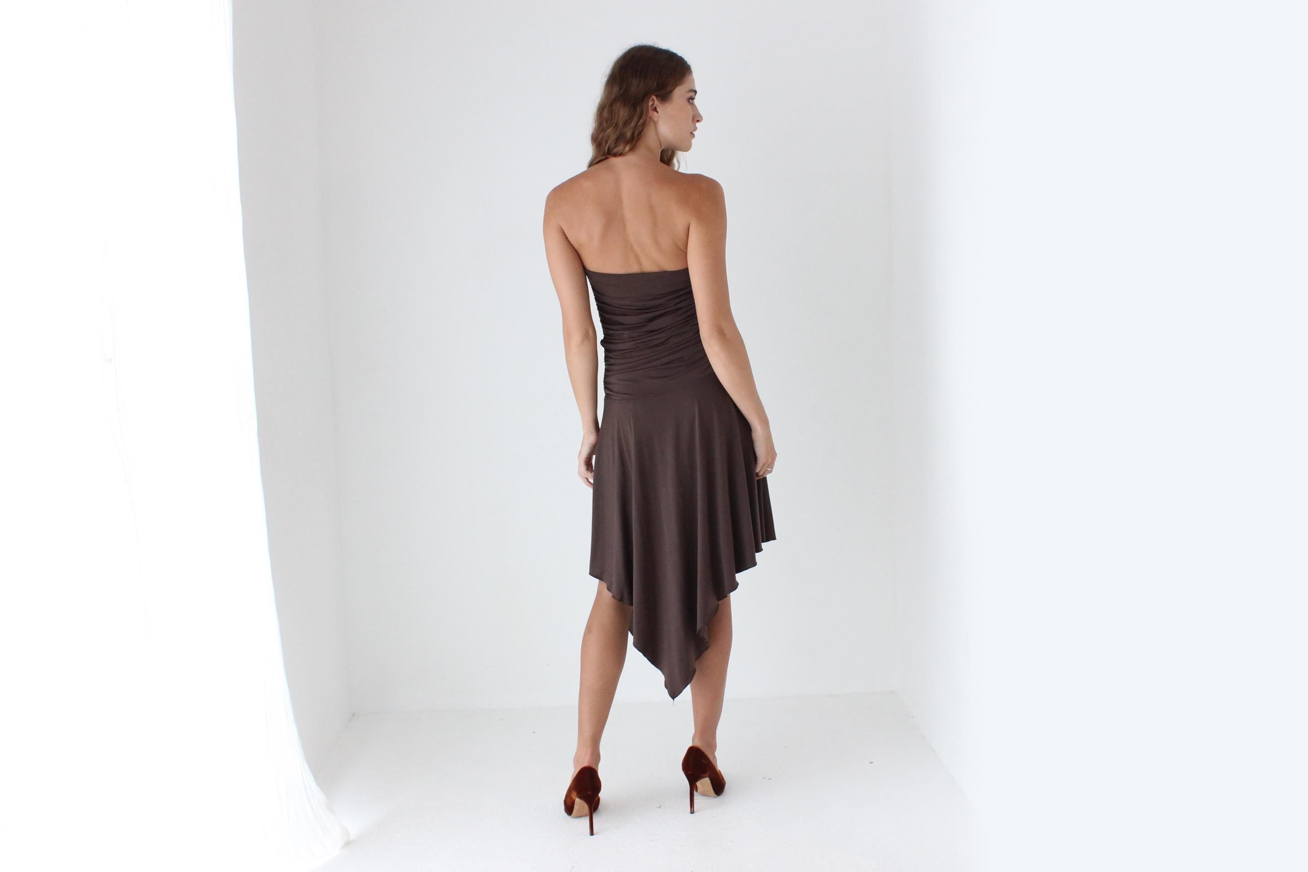 Y2K Slinky Strapless Handkerchief Hem Dress