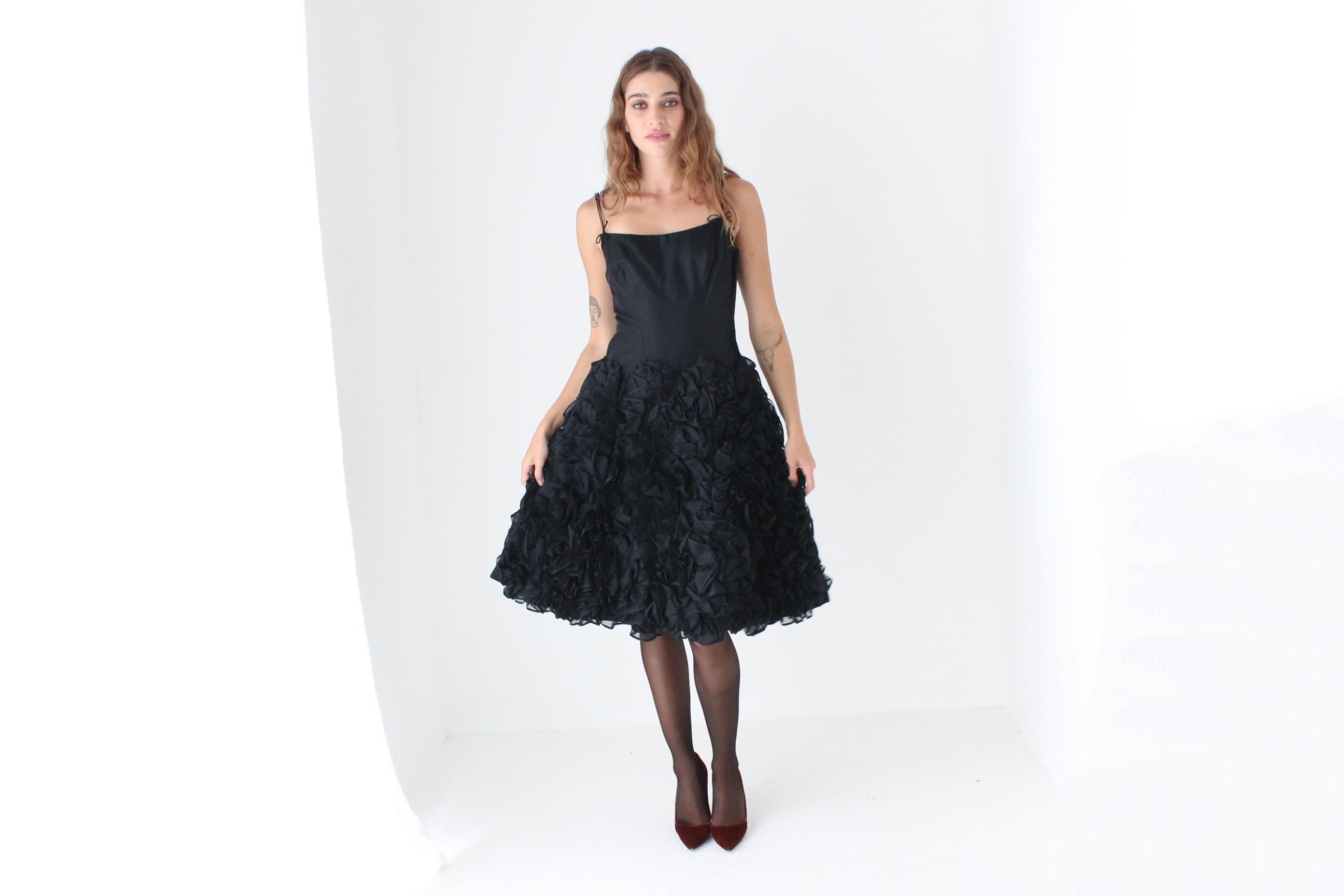 60s Bustier Party Dress w/ Textural Organza Ruffle Skirt