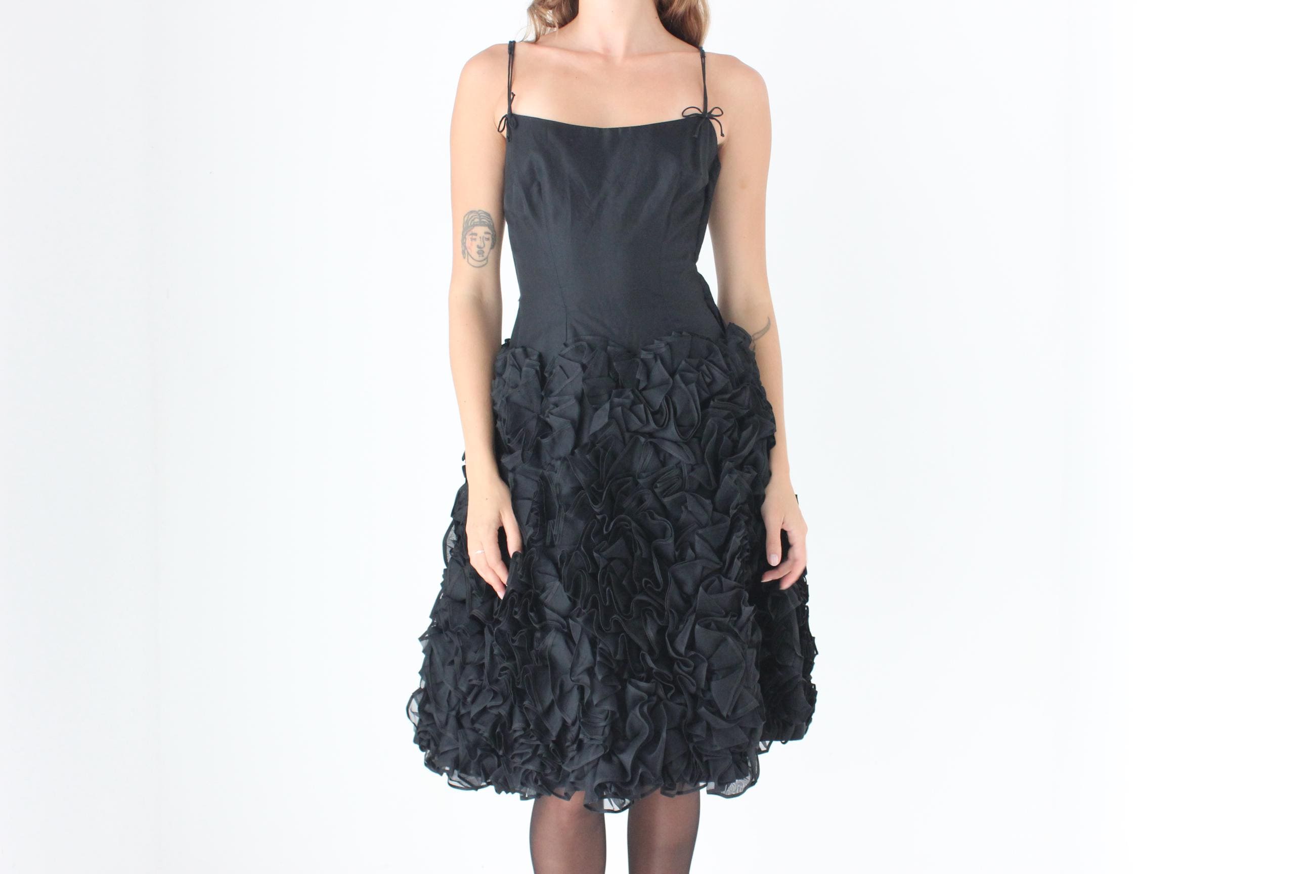 60s Bustier Party Dress w/ Textural Organza Ruffle Skirt