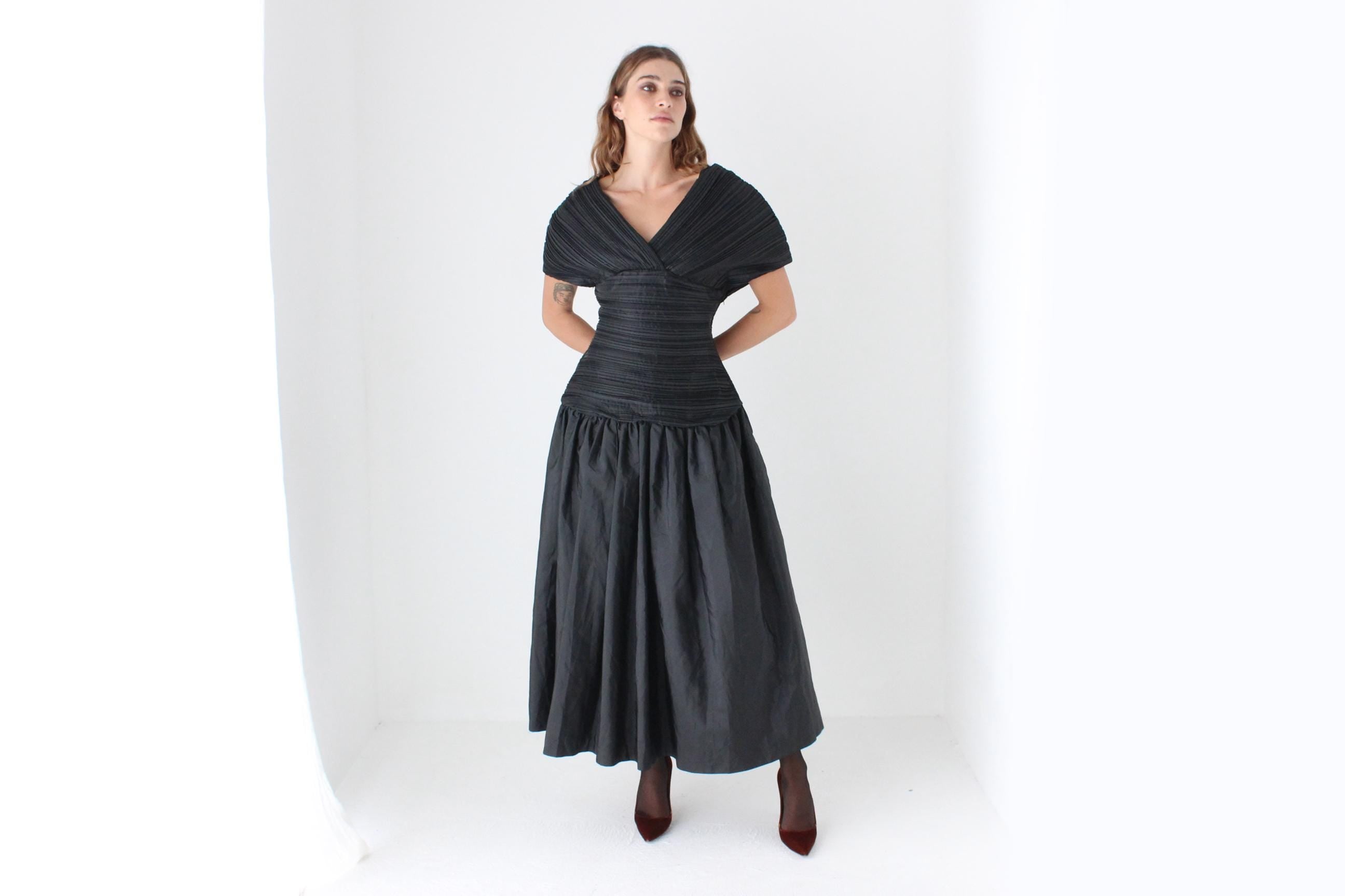 80s Lisa Ho Origami Plisse Taffeta Dress