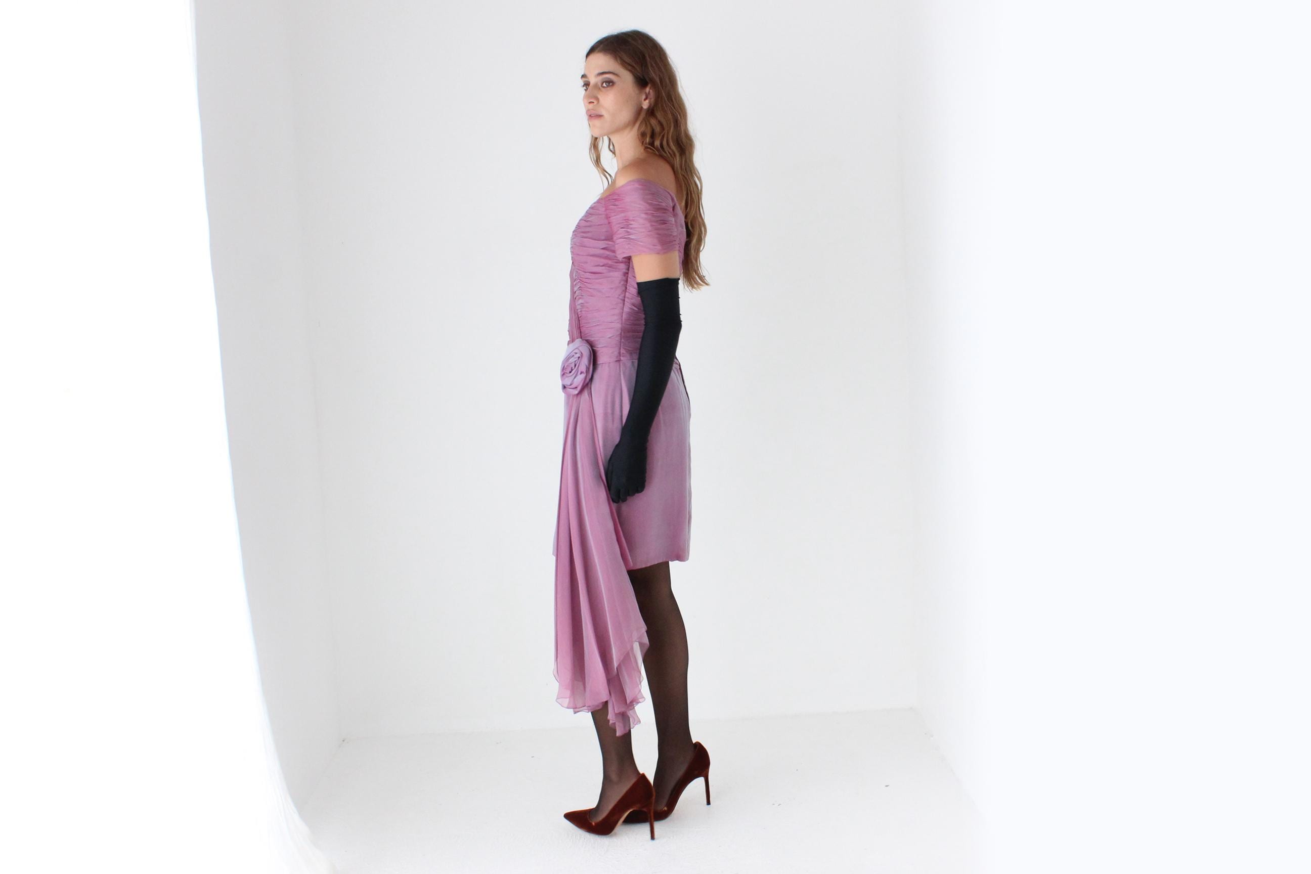 80s Vicky Tiel Couture Silk Gathered Off Shoulder Cocktail Mini Dress