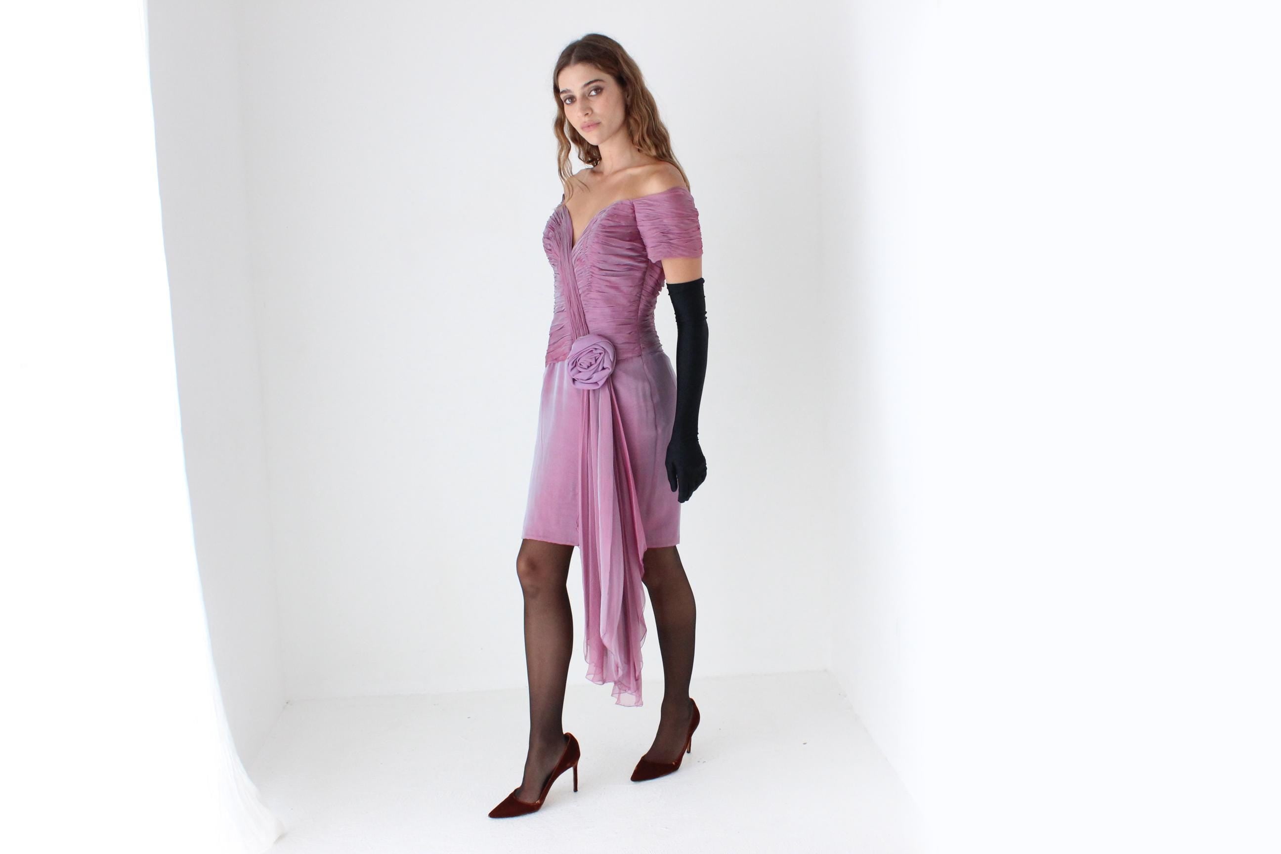 80s Vicky Tiel Couture Silk Gathered Off Shoulder Cocktail Mini Dress