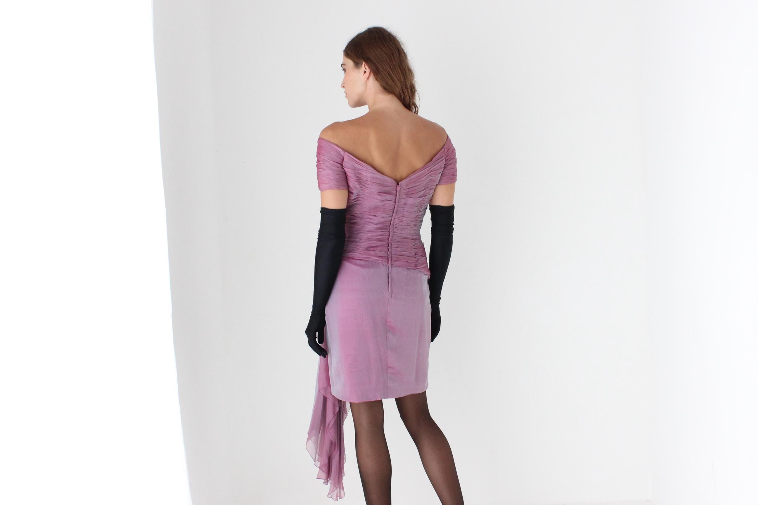 80s Vicky Tiel Couture Silk Gathered Off Shoulder Cocktail Mini Dress