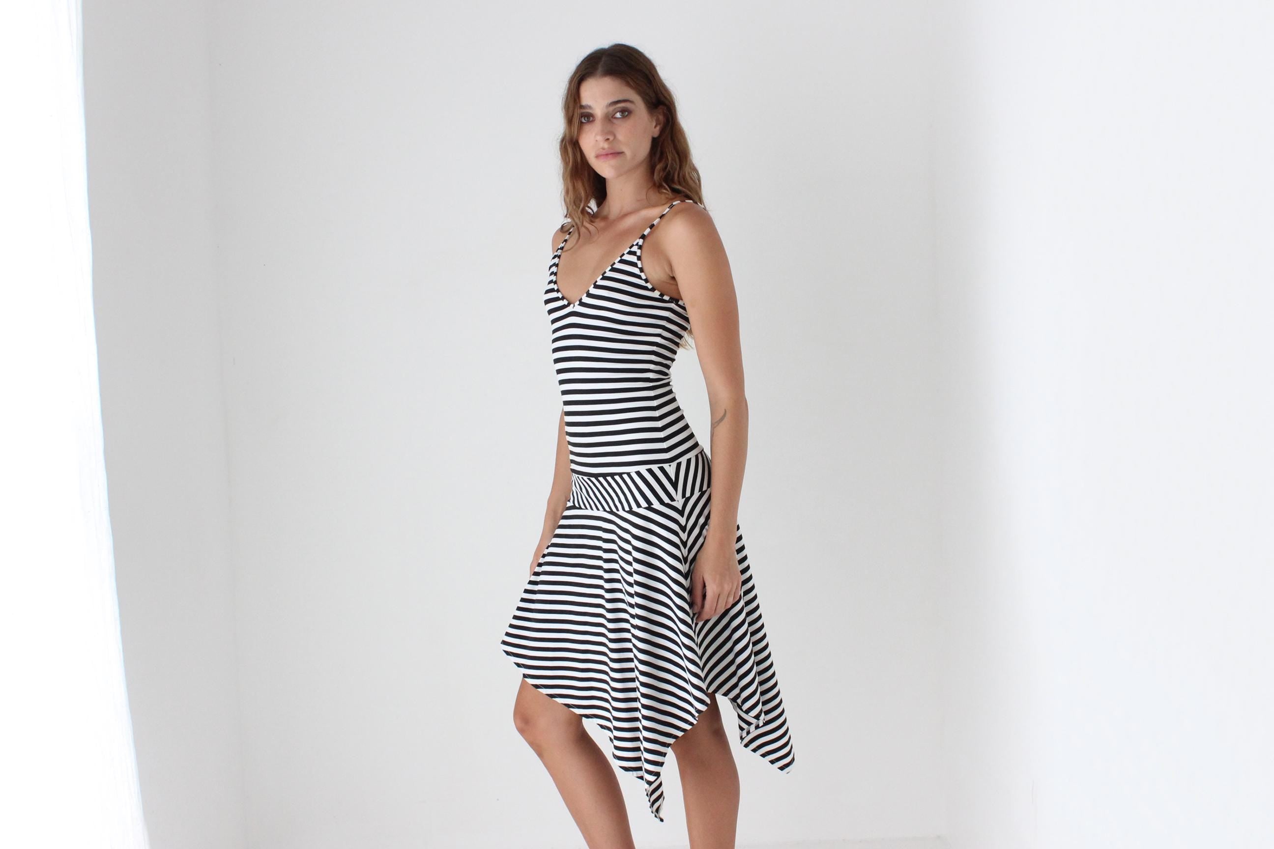 Y2K Stretch Black & White Striped Asymmetric Strappy Dress