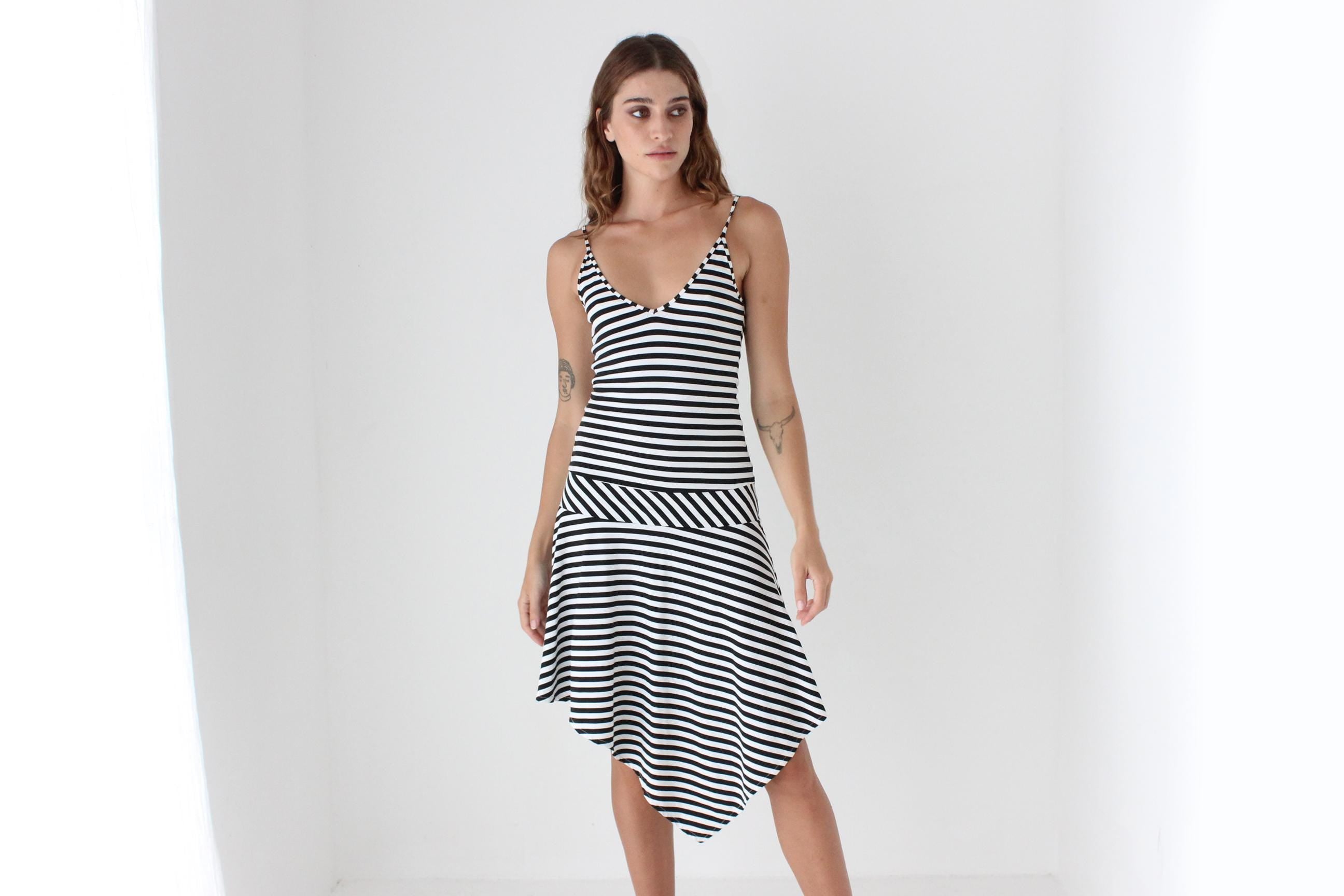 Y2K Stretch Black & White Striped Asymmetric Strappy Dress