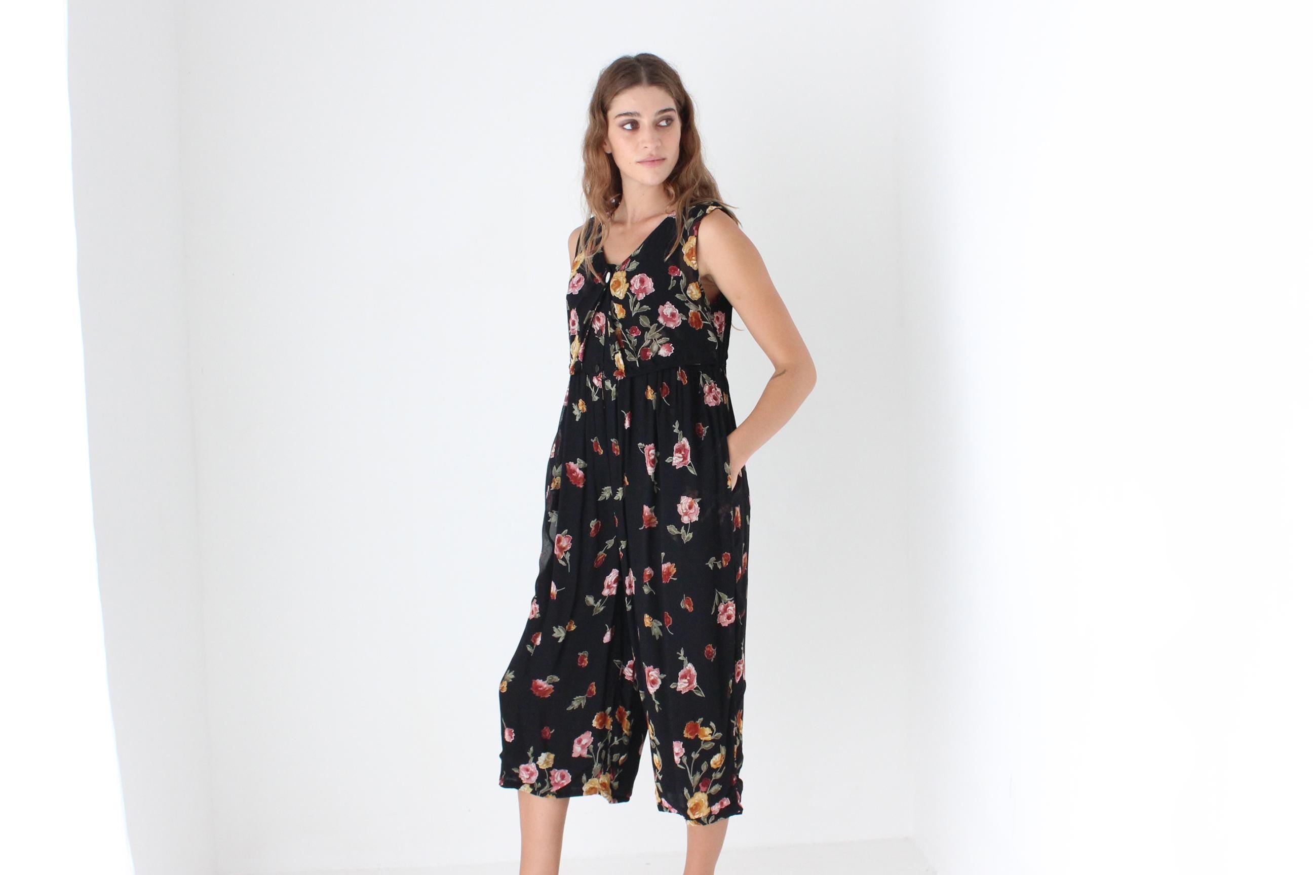 90s Floral Gauze Culotte Jumpsuit