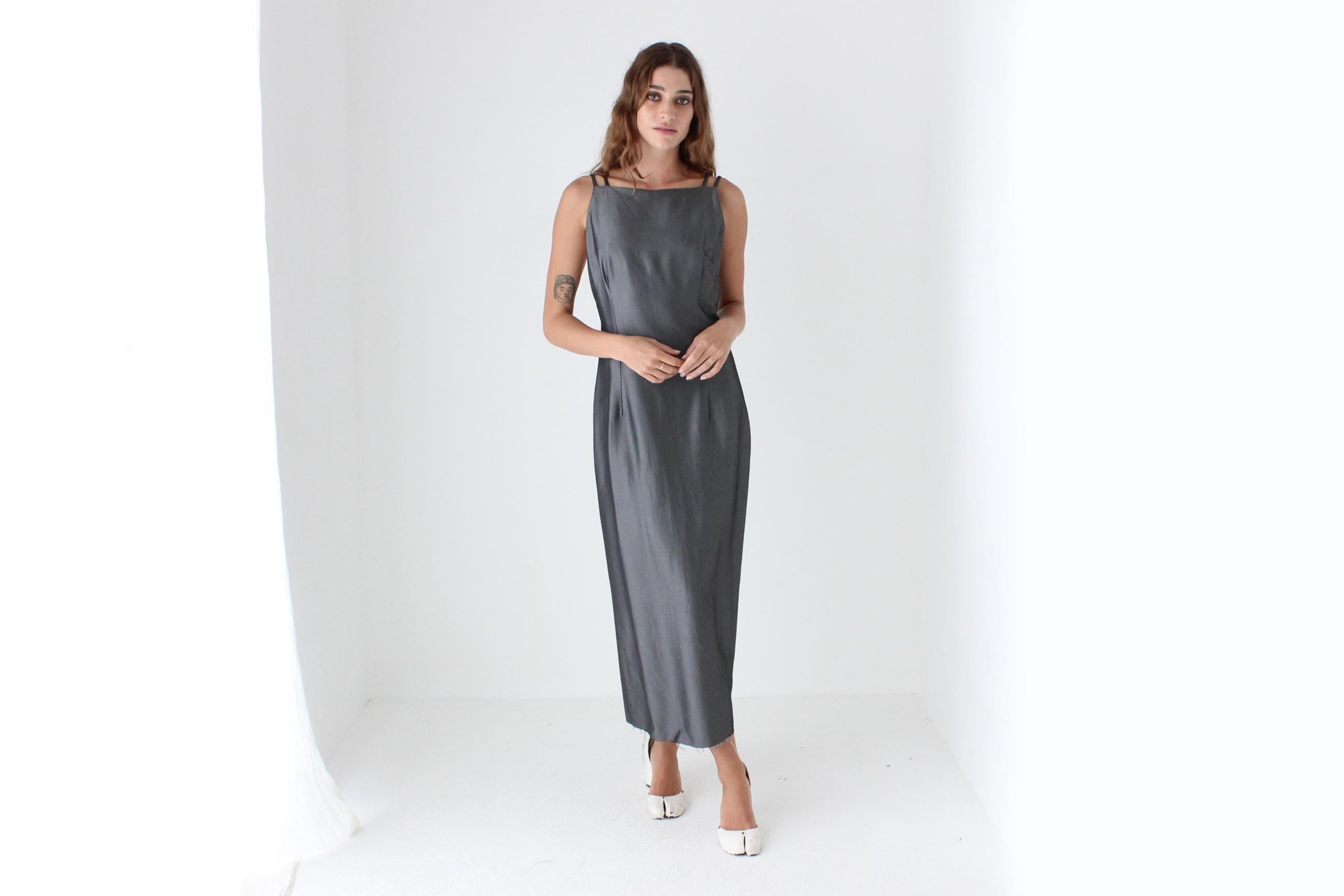 90s Metallic Pewter Square Neck Midi Dress