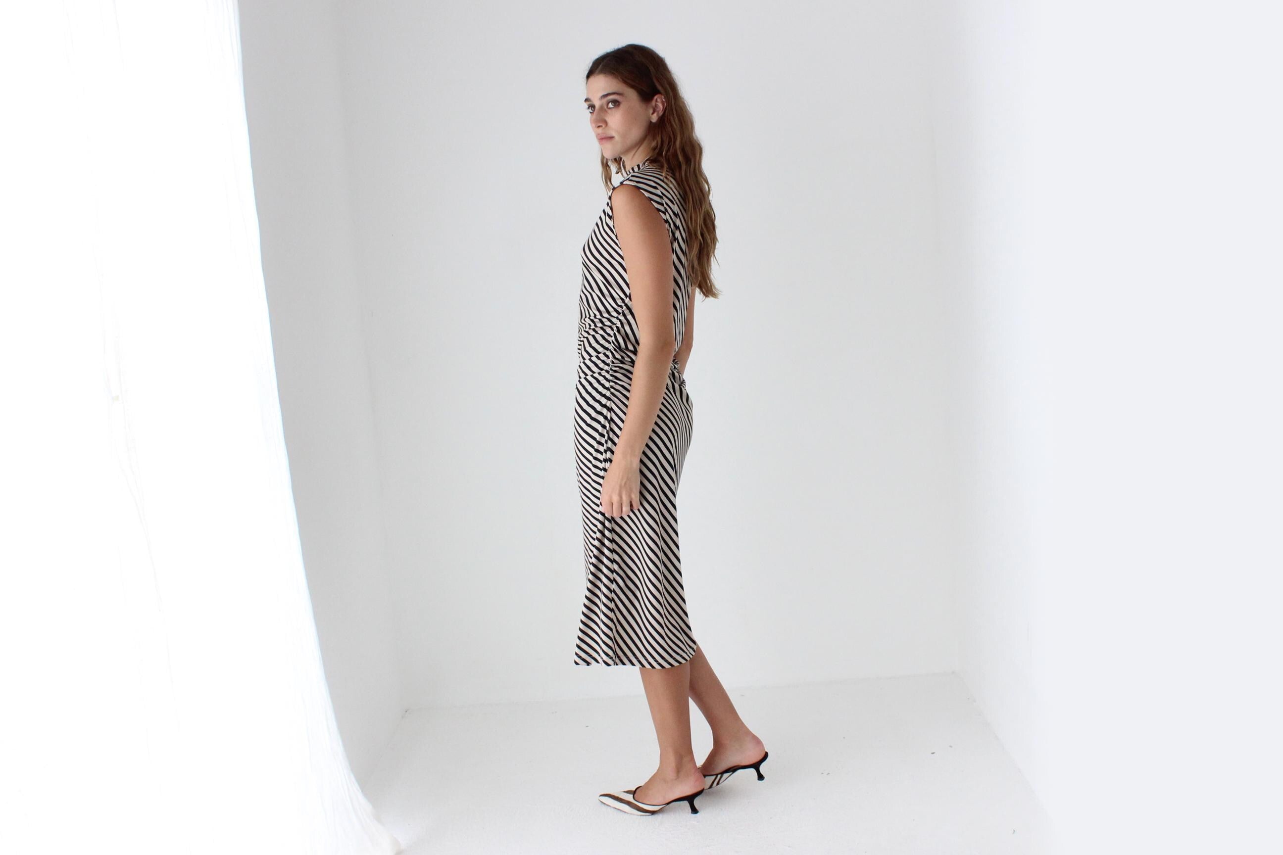 Striped High Neck Stretch Fitted Dress
