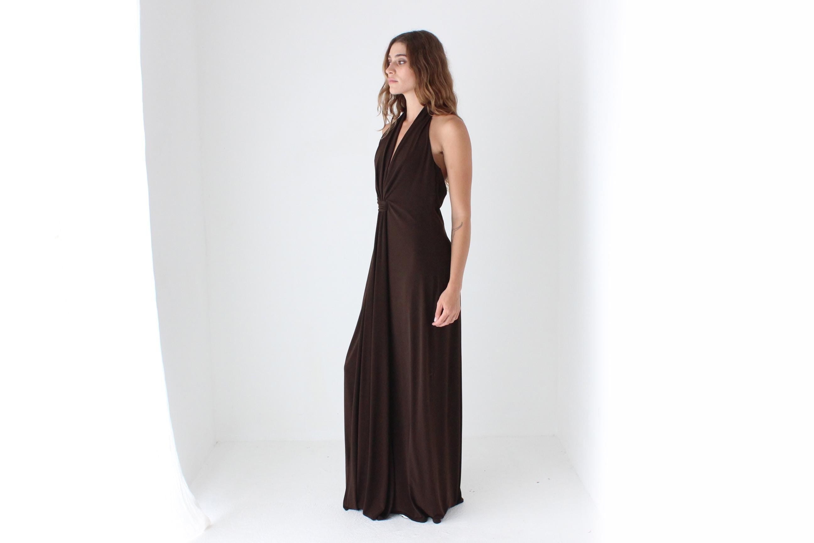 Y2K Slinky Chocolate Jersey Plunge Halter Gown