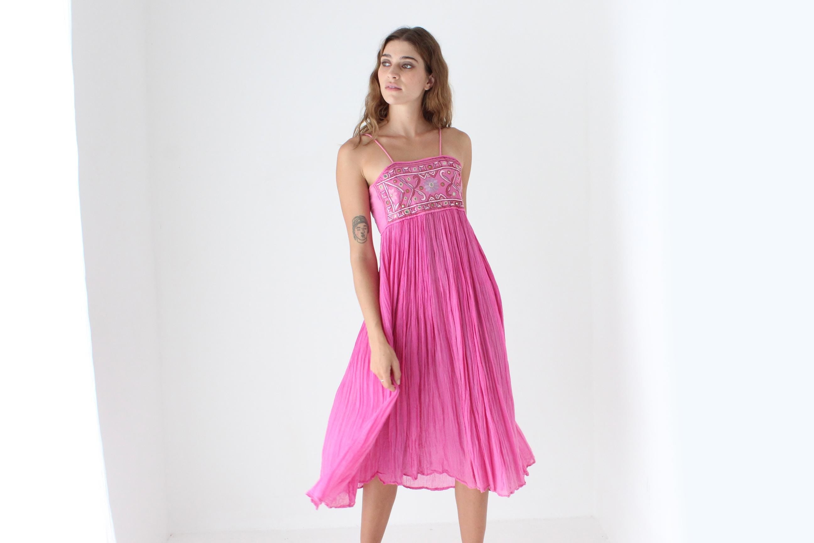 70s Cotton Gauze Goddess Dress w/ Mirror Embroidery