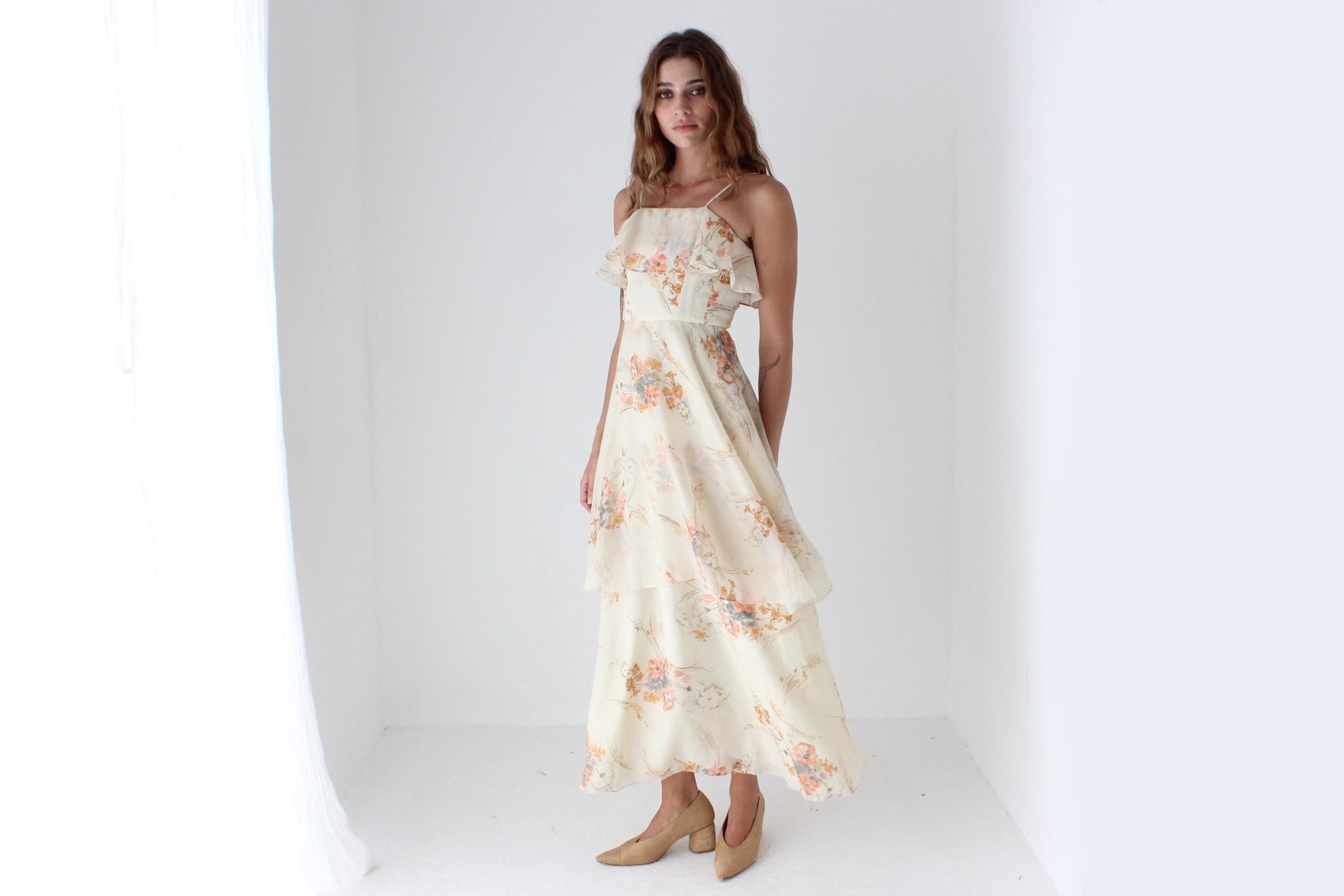 70s Layered Tiered Floaty Ruffle Maxi Dress