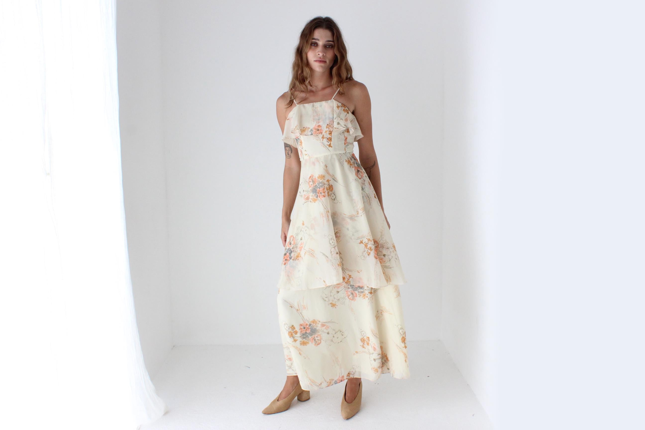 70s Layered Tiered Floaty Ruffle Maxi Dress
