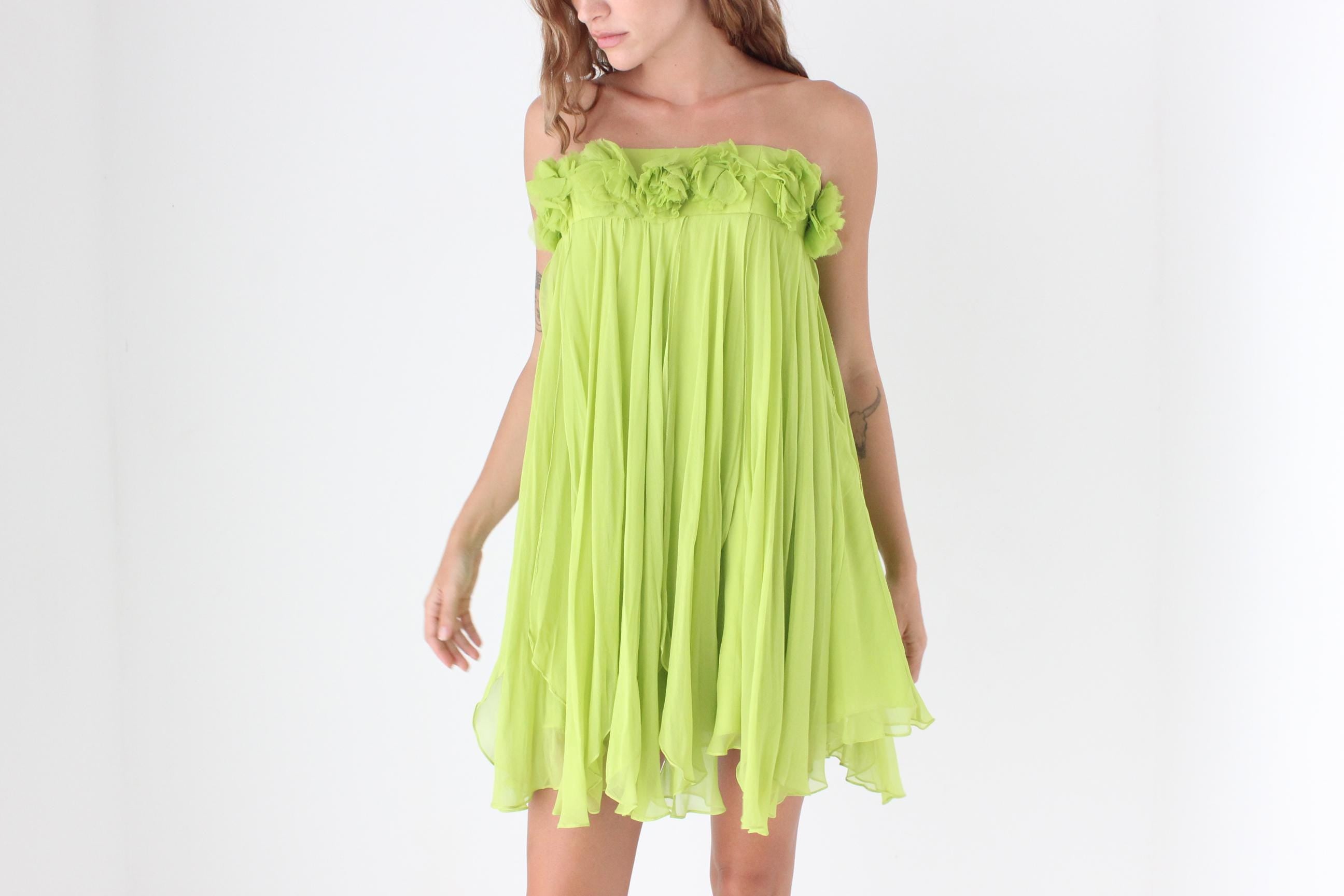 Y2K Strapless Silk Mini w/ Rosettes & Panel Skirt