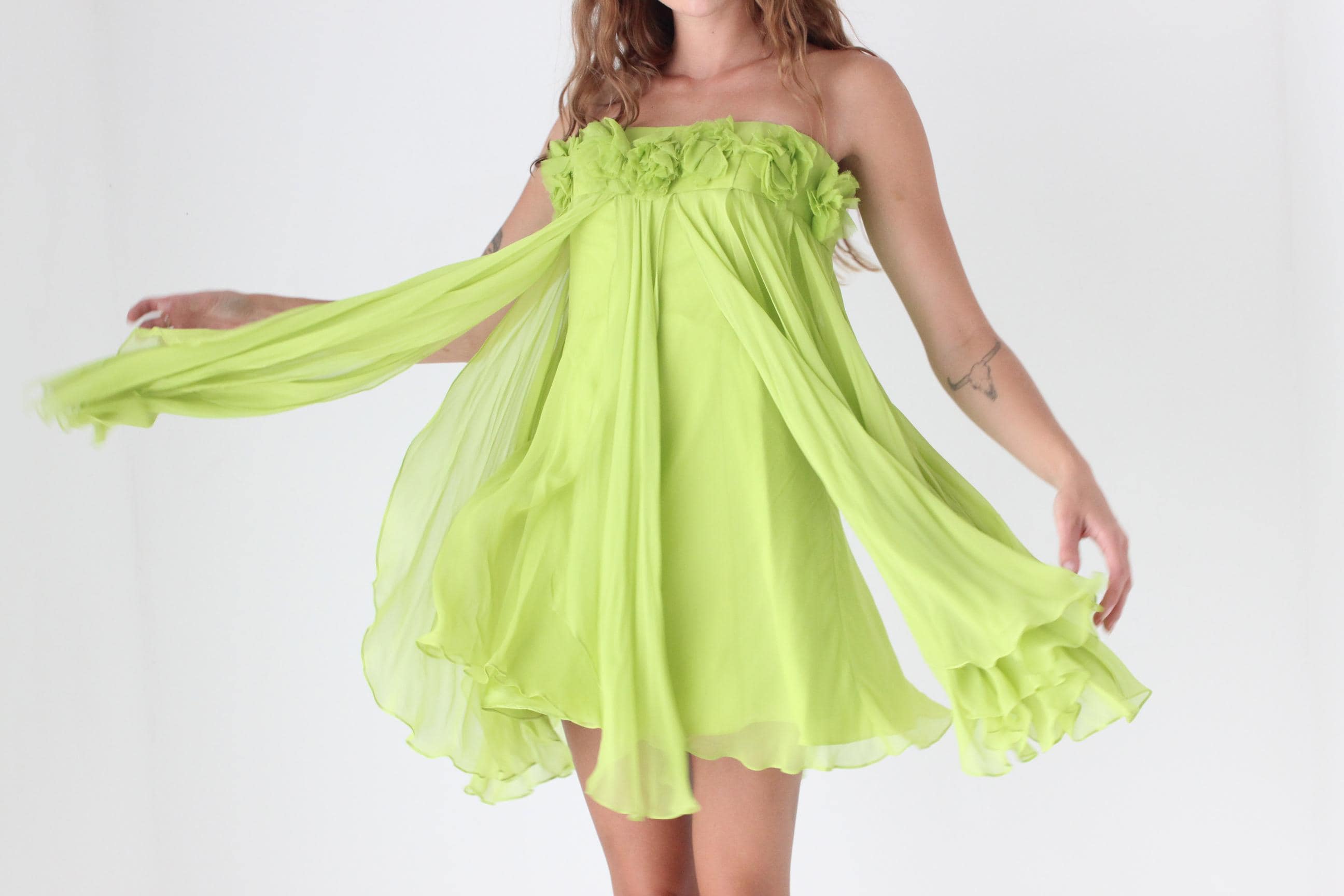 Y2K Strapless Silk Mini w/ Rosettes & Panel Skirt